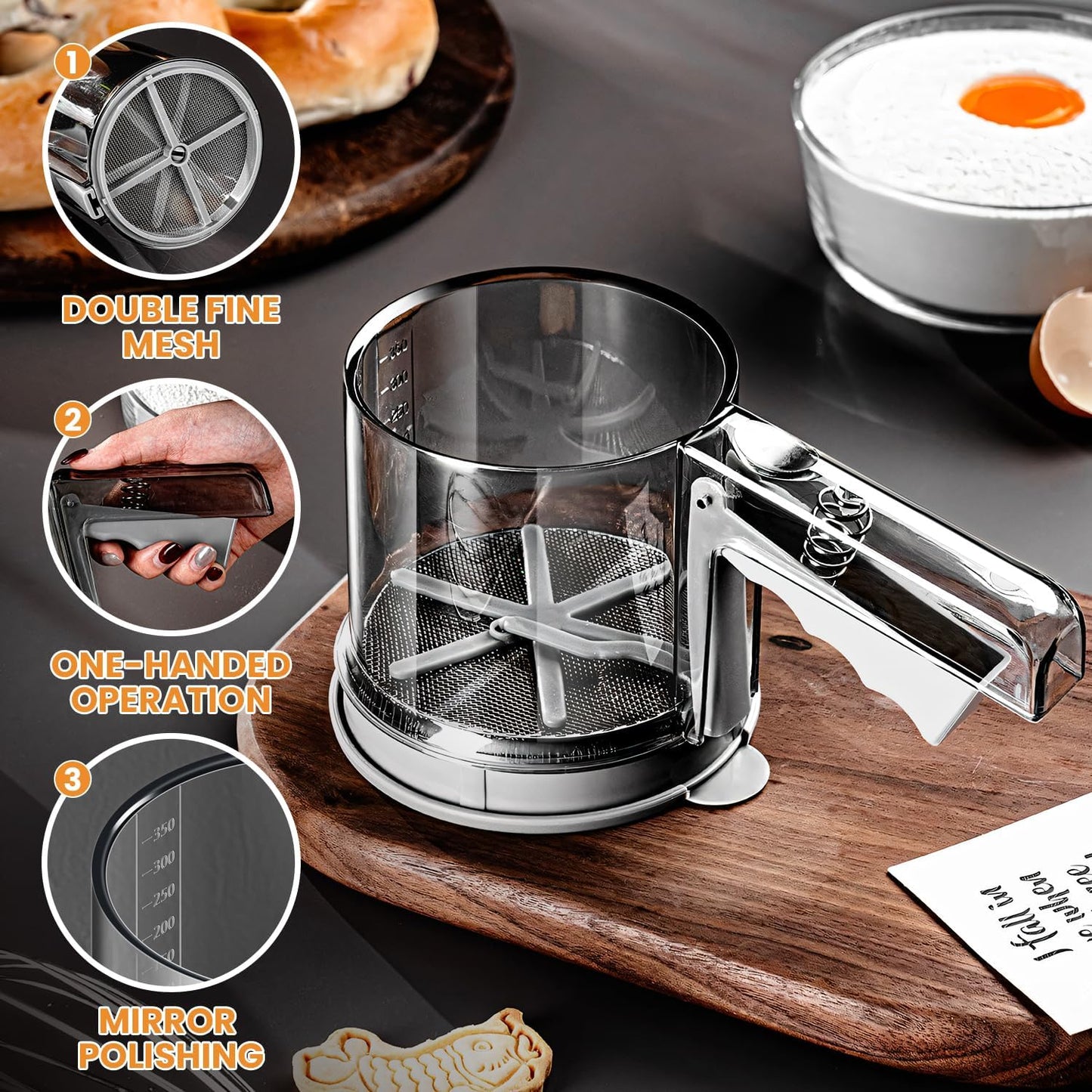 3 Cup Flour Sifter, Sifter for Baking Sifter Handheld Baking Sieve Food-Grade Double-Filter Stainless Steel Flour Sifter Non-Rust Sifter used for Rapid Screening of Flour Apricot Flour Sugar Powder