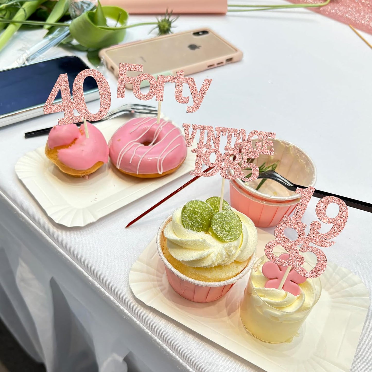 Gyufise 24Pcs Happy 40th Birthday Cupcake Toppers Glitter Forty 40 Fabulous Vintage 1985 Cake Toppers for 40th Birthday Wedding Anniversary Party Cake Decorations Supplies Rose Gold