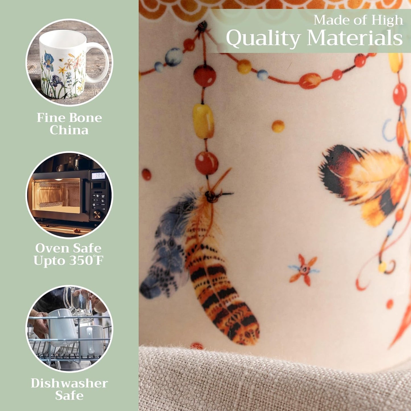 Maison d' Hermine Coffee Mug with Handles Fine Bone China Mugs Pack of One Tea Cups for Hot Beverages Cappuccino Latte Home Restaurant Office Perfect for Gift (Ibiza - Beige - Feather, 15 Ounce)