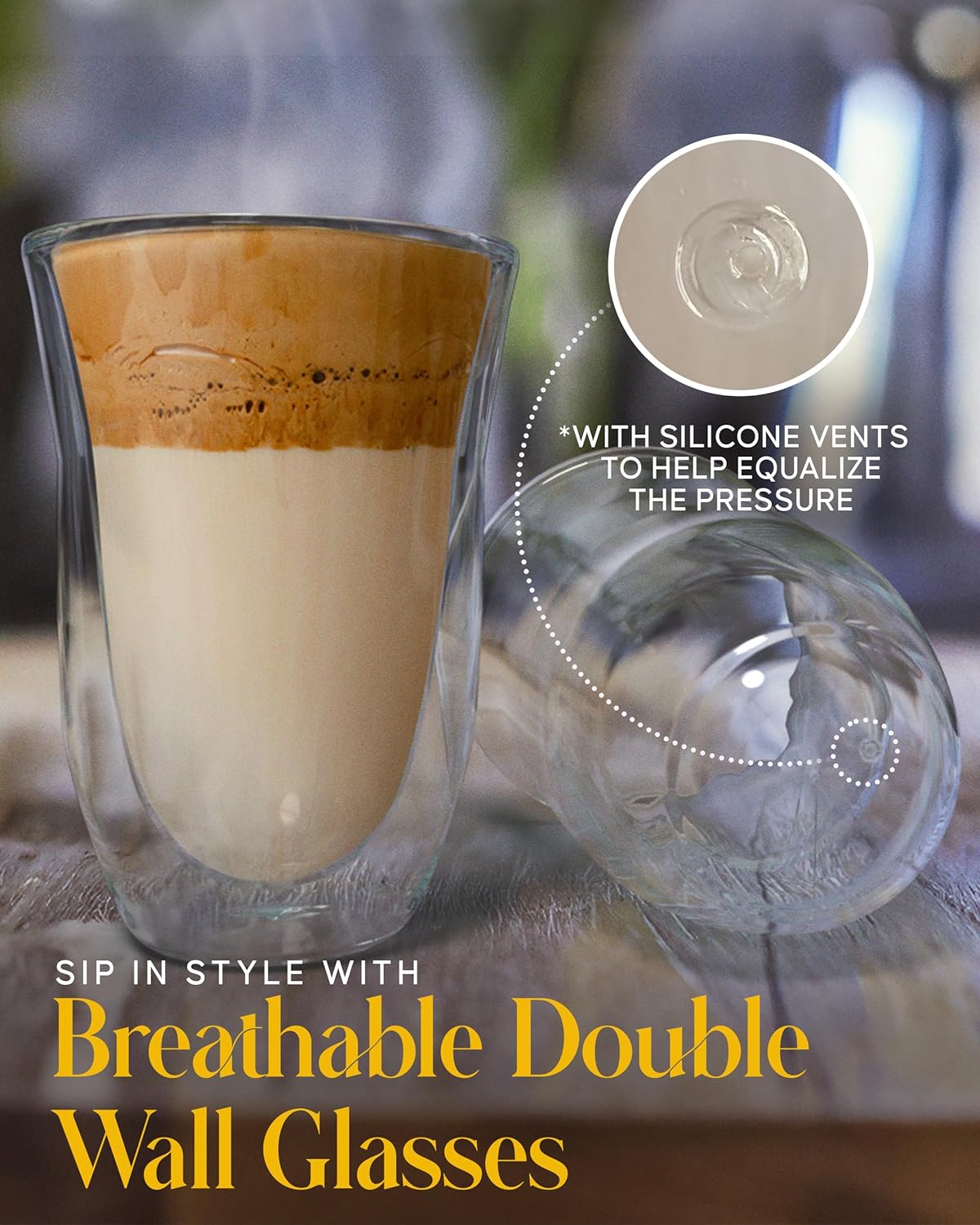 Kitchables Double Walled Glass Coffee Mugs Set of 4, 7.5oz - Insulated Clear Coffee Mug for Cappuccino, Latte, Tea, Espresso - Latte cup - Tazas Para Cafe