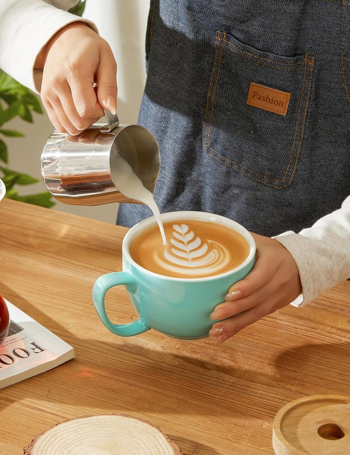 Teocera Turquoise Coffee Mugs Set of 4, 16 oz Ceramic Coffee Mug, Large Mug Set with Handle for Cold or Hot Drinks like Cocoa, Milk, Latte, Fruit Cereal, Long-lasting Porcelain with Modern Design