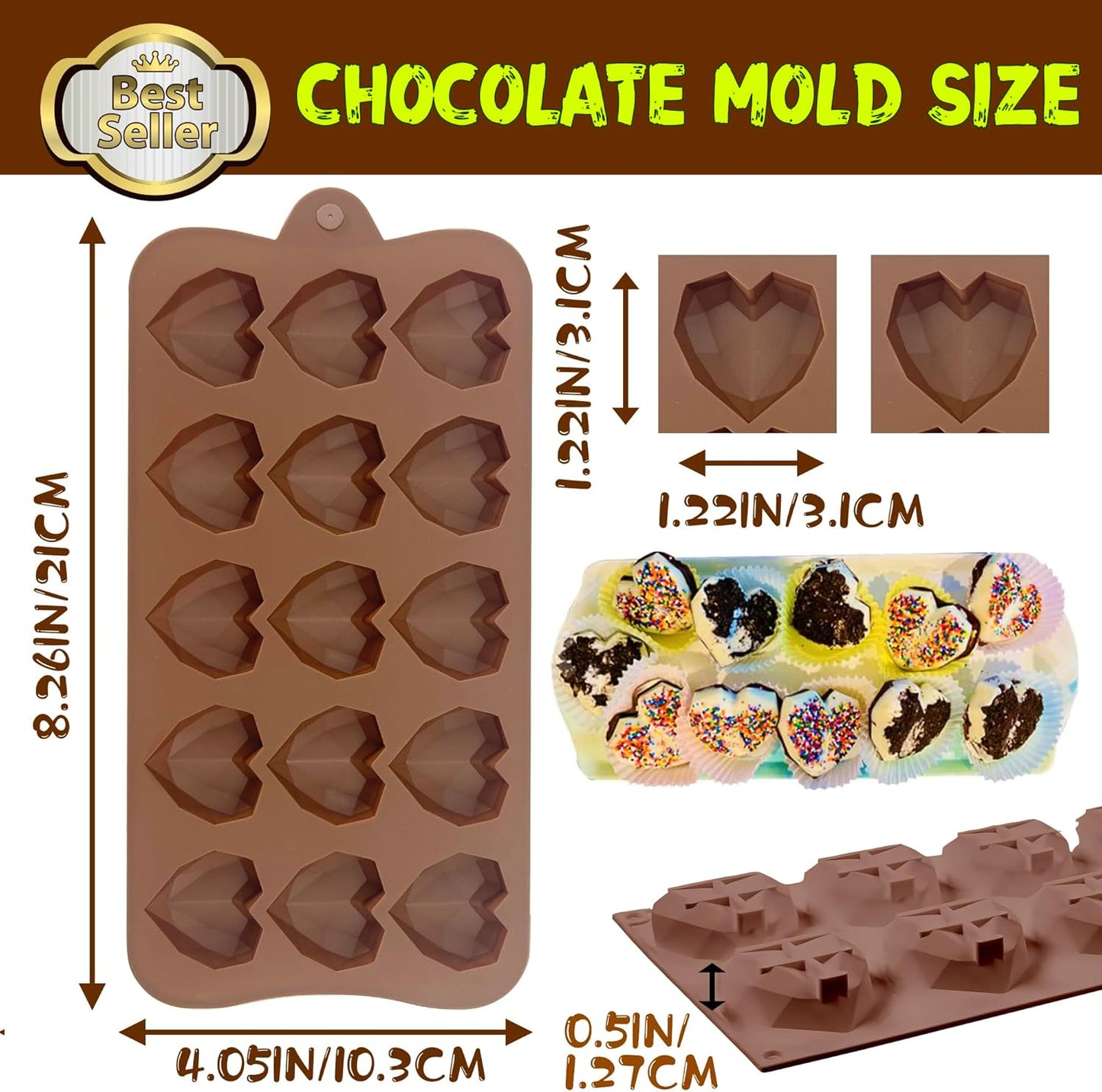 Mini Diamond Heart Shaped Chocolate Mold 15 Holes 3D Heart Candy Molds Silicone Mini Silicone Baking Pan - 4 Pack