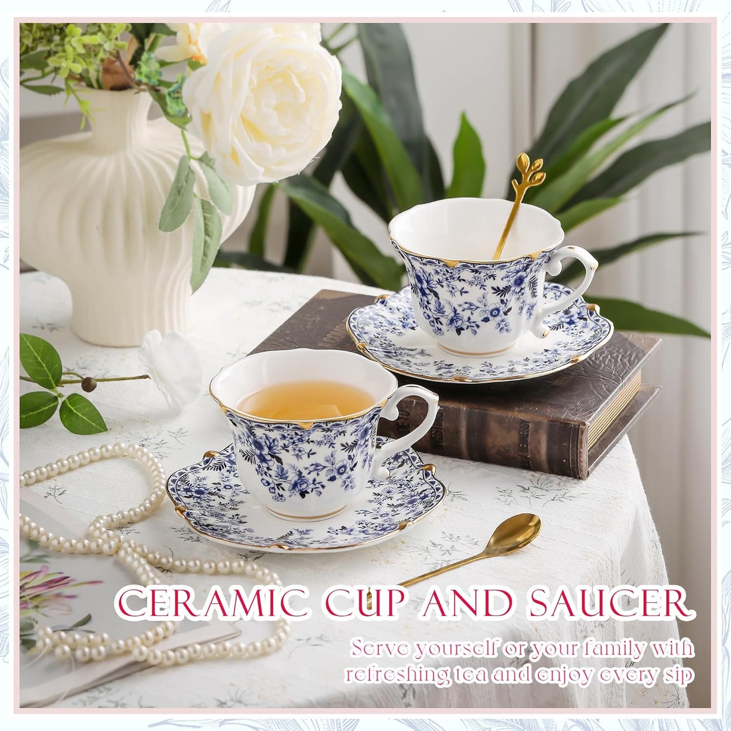 TATSUMI Country Roses 18 Peices Bone China Tea Cup And Saucer Set, English Vintage Tea Cups Of 6 For Women And Tea Party Sets