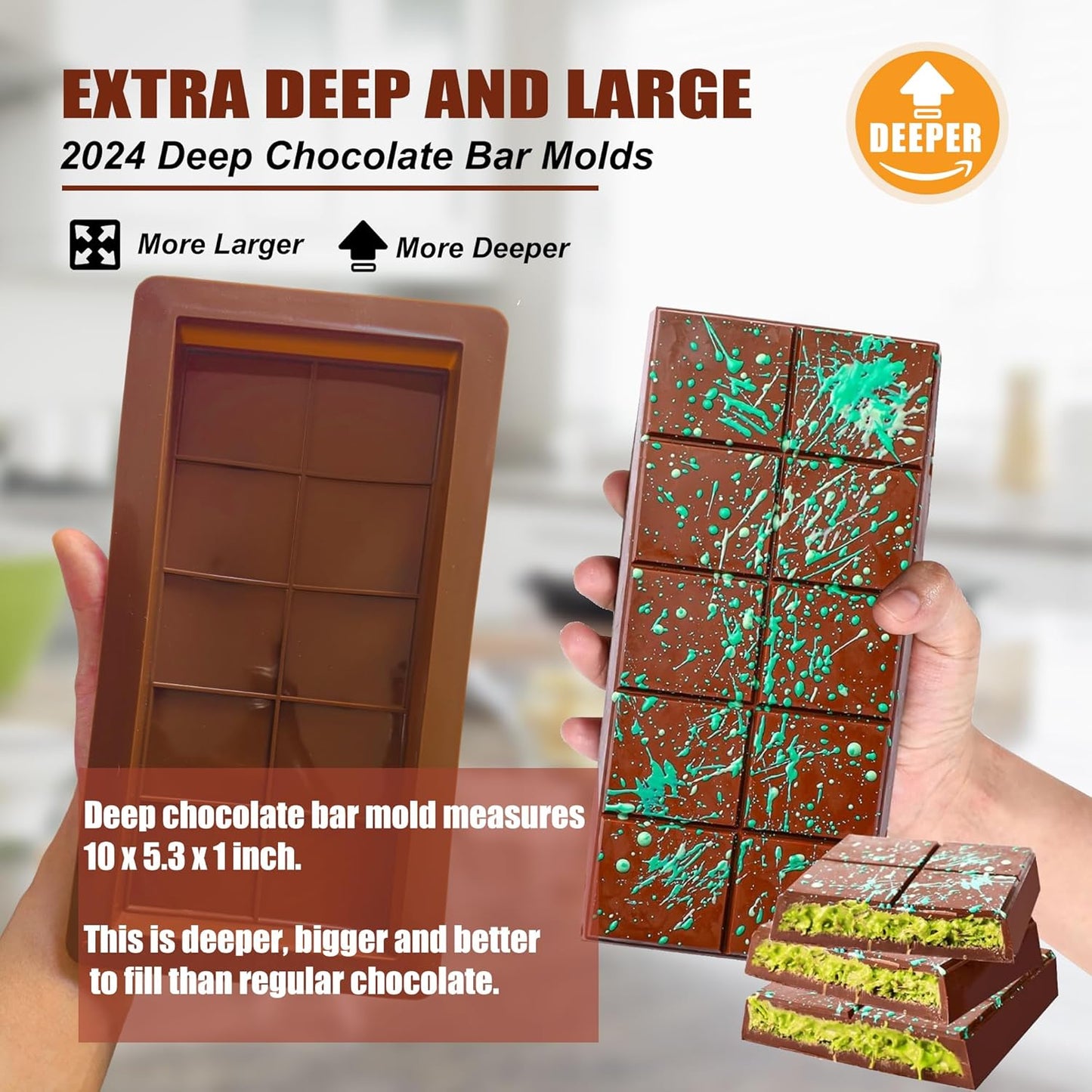 2 Pack Deep Chocolate Bar Molds Silicone,Large Stuffed Dubai Pistachio Deep Bar Moulds Kit 1 Inch Thick Big,for Homemade Making Bar Candy Bar Bpa Free DIY.