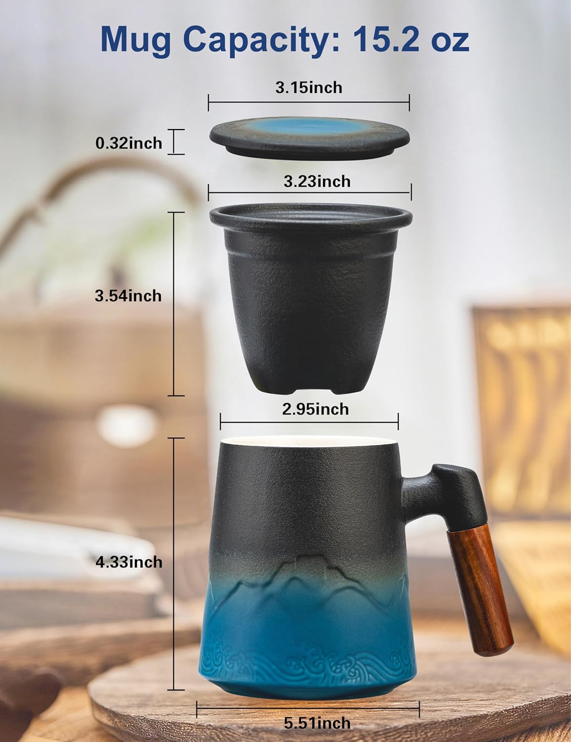 suyika Tea Cup with Infuser and Lid, 15.2 Ounce Wood Handle Ceramic Loose Leaf Mug Gradient Black&Blue 450ml
