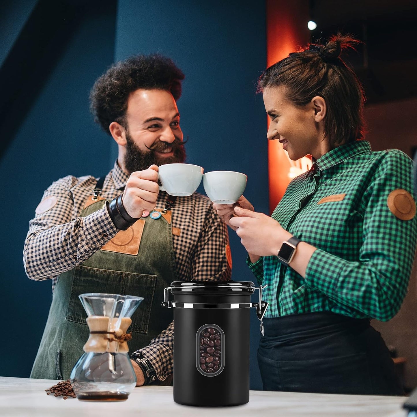 1800ML Airtight Coffee Canister with Date Tracker&Transparent Window, 22.8OZ Coffee Container with 30ML Measure Spoon&4 co2 Valve, Coffee Bean Storage Container for Grounds Coffee, Beans, Tea(Black)