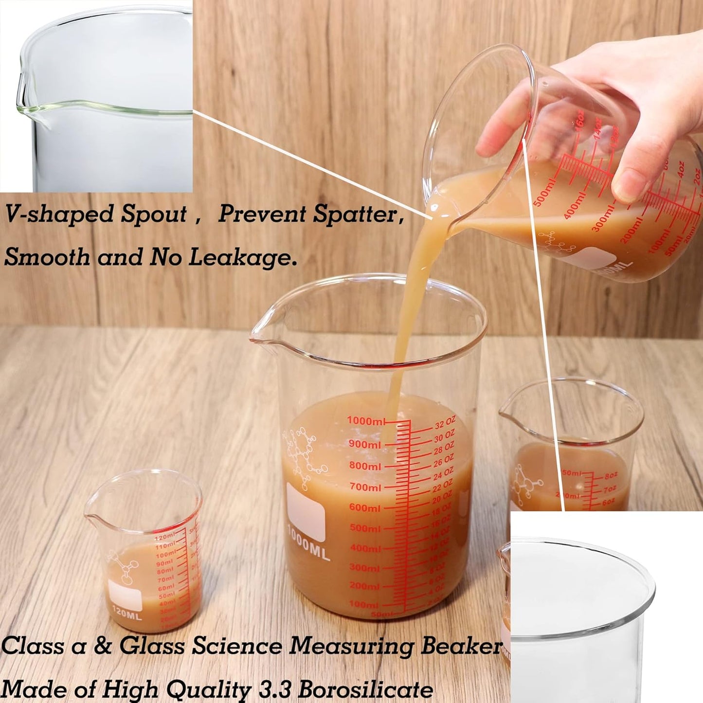 High Borosilicate Glass Measuring Cup Set-V-Shaped Spout,Includes 60ml(2OZ), 120ml(4OZ), 250ml(8OZ), 500ml(16OZ), and 1000ml (32OZ) for Kitchen or Restaurant, Easy to Read