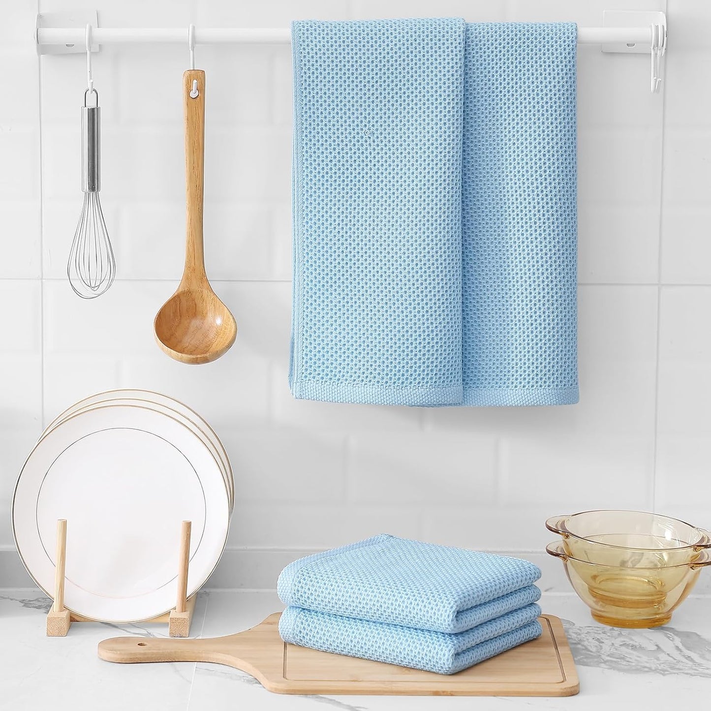 Kitinjoy 100% Cotton Waffle Weave Kitchen Towels (13 X 28 Inches, Sky Blue), 12-Pack Super Soft and Absorbent Dish Towels for Drying Dishes, Kitchen Hand Towels