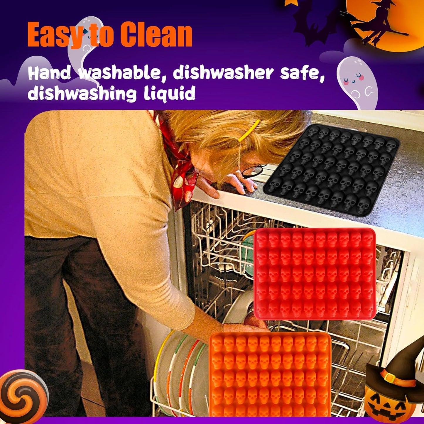 3 Pack Halloween Gummy Skull Candy Molds Silicone,Halloween Mini Skull Mold with 2 Droppers for Chocolate, Candy,Ice Cube - Orange,Red,Black