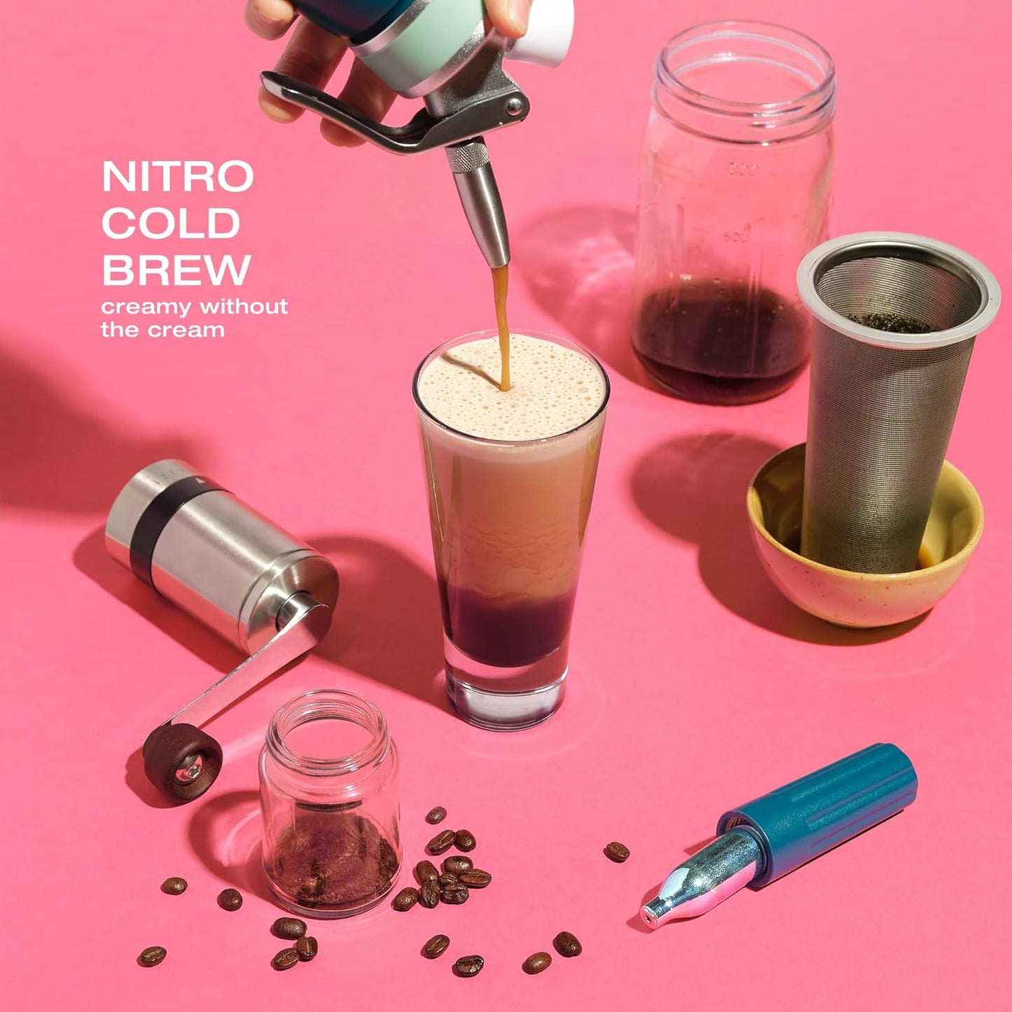 0.5L Nitro Coffee Maker, Aluminum Nitro Cold Brew Coffee Maker with Special Nitro Diffuser Nozzle & Cold Brew Maker for Making Nitro Cold Brew, 1 Pint/0.5L, Includes (10) Nitro Cartridges