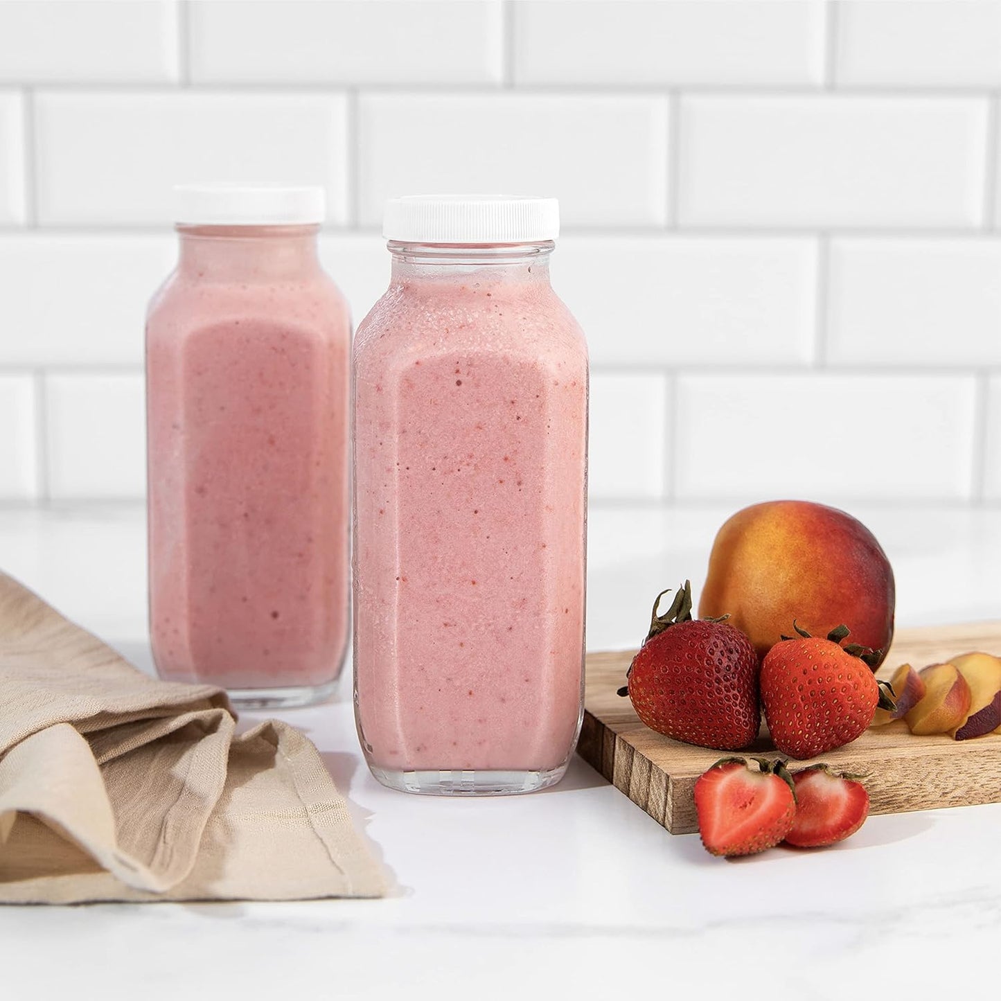 16oz Square Glass Milk Bottles with Plastic Airtight Lids -Vintage Reusable Dairy Drinking Jars Containers for Milk, Yogurt, Smoothies, Juice, Kefir, & Water -2 Pack 16 oz Glass Bottles with Lids