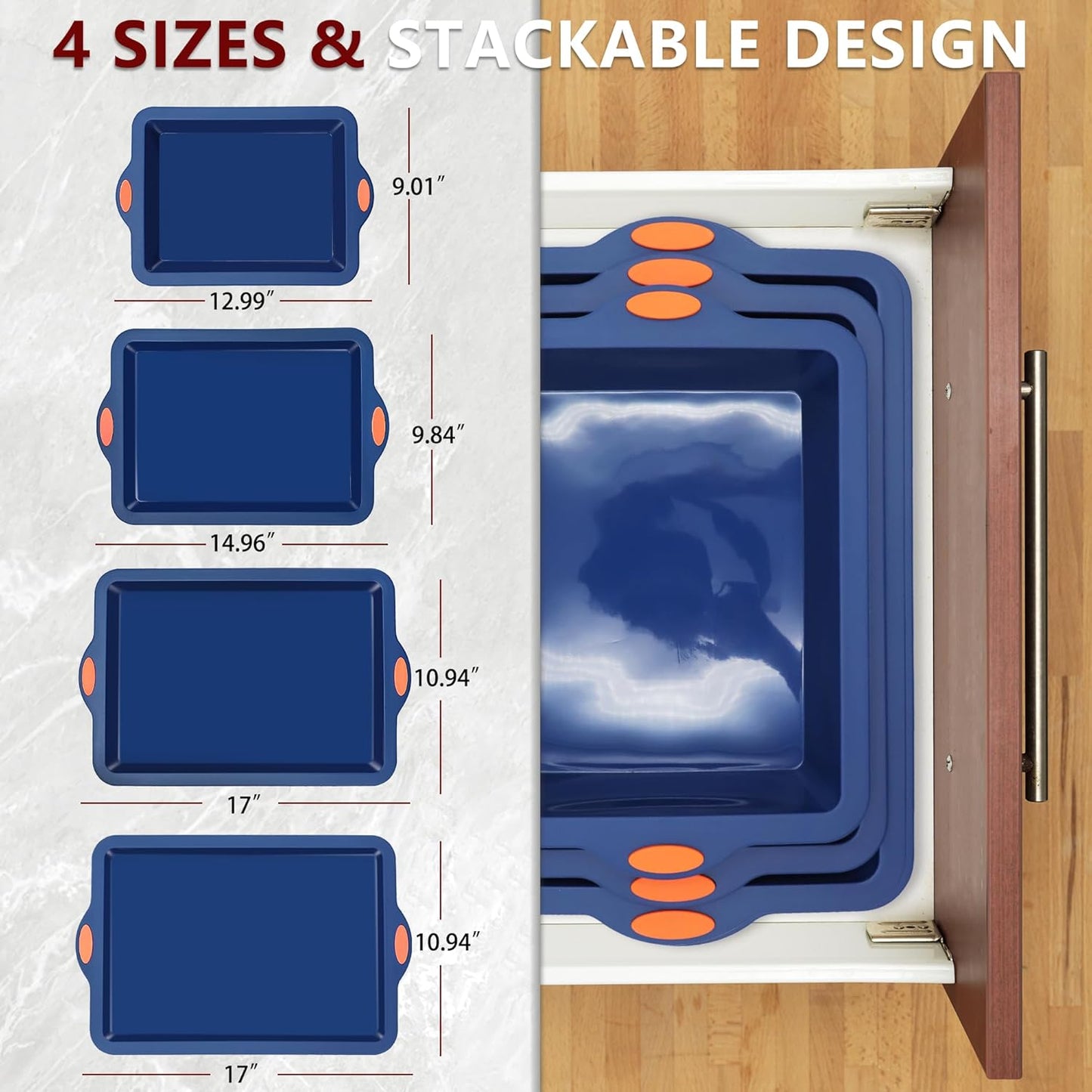 To encounter Silicone Baking Pans Set, 4 Pieces Nonstick Bakeware Set with Baking Pans, Baking Sheets, Cookie Sheets, Cake Pan with Grips and Metal Reinforced Frame More Strength, Navy Blue