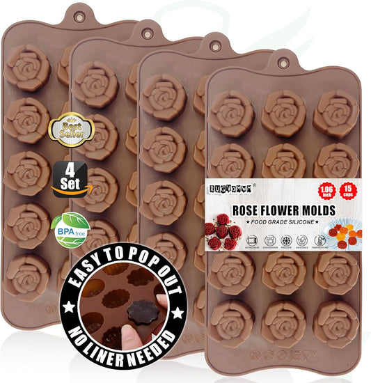 Rose Flower Shaped Silicone Chocolate Molds,BPA Free & Non-stick Silicone Tray for Hard Candy Caramels Jello Gummy Truffles Ice Cubes Soap - 4 Pack