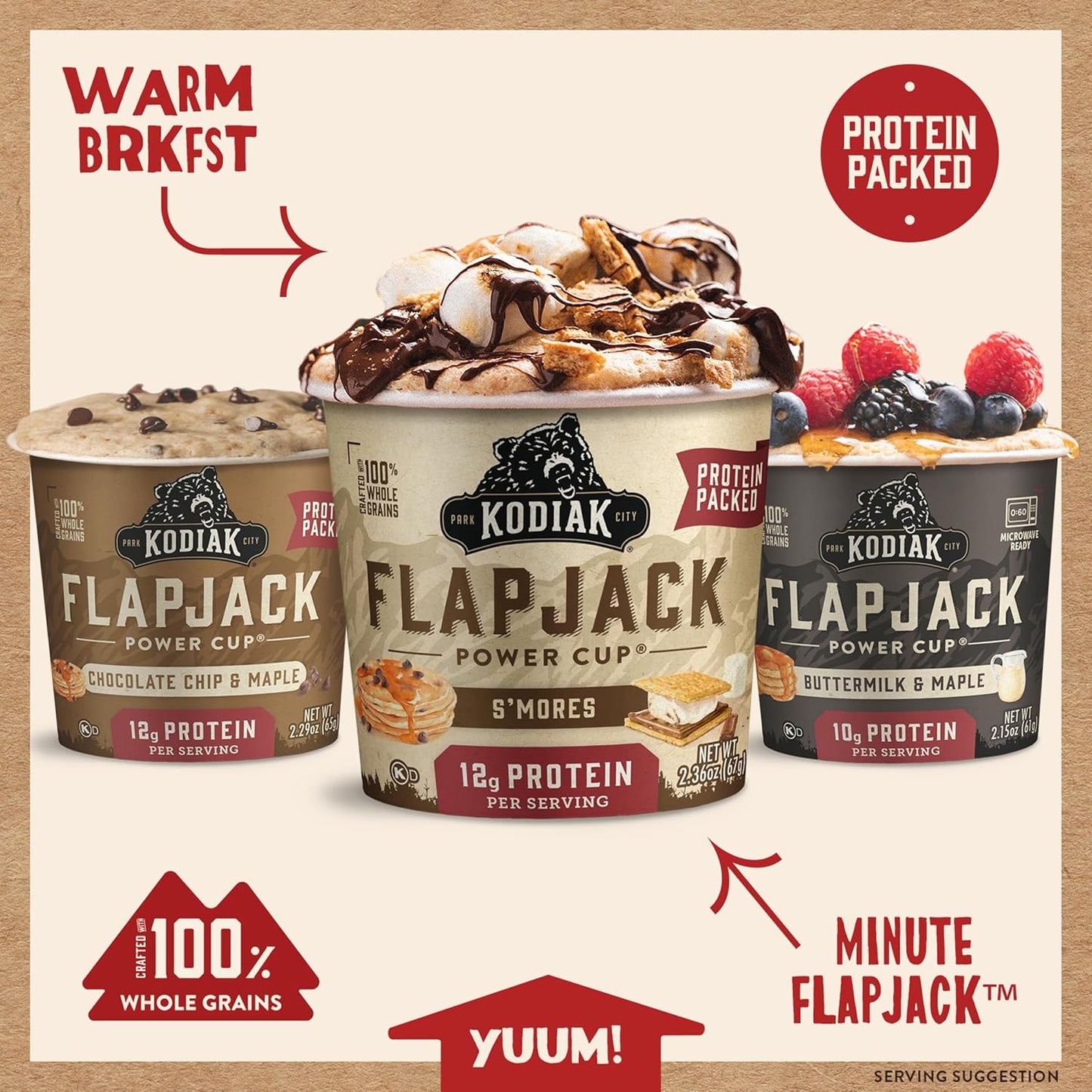 Kodiak Cakes Protein Pancake On The Go Flapjack Cups Mix; Buttermilk, Chocolate Chip, & S’mores Variety Pack