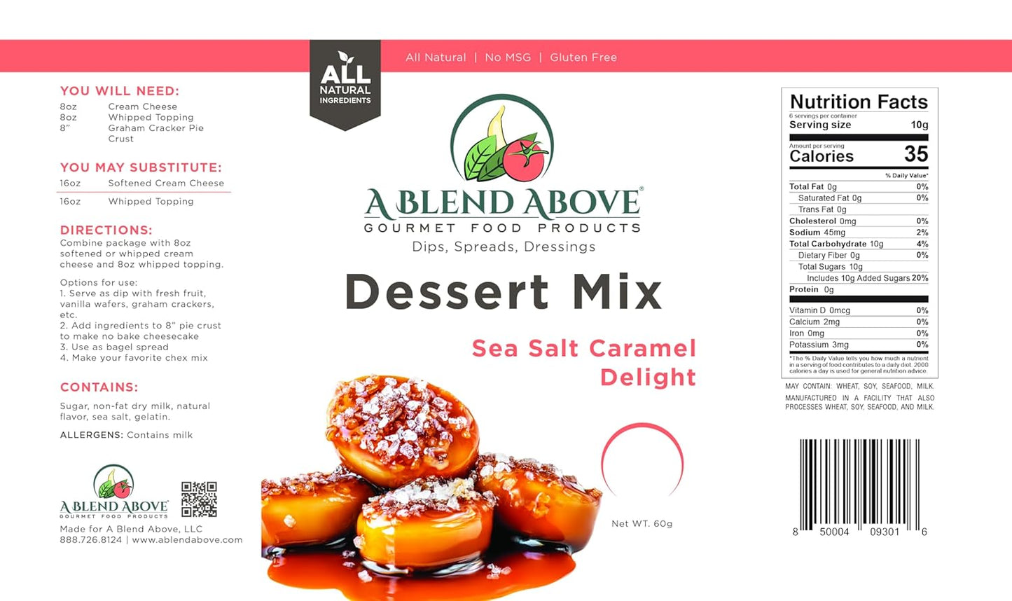 A Blend Above Sea Salt Caramel No-Bake Desserts Mix - All Natural, Vegan, Gluten Free, No MSG - Instant Dessert Mix, Fruit Dip, Bagel Topping, Frosting, Cheesecake Filling - Makes 16 Oz (Pack of 3)
