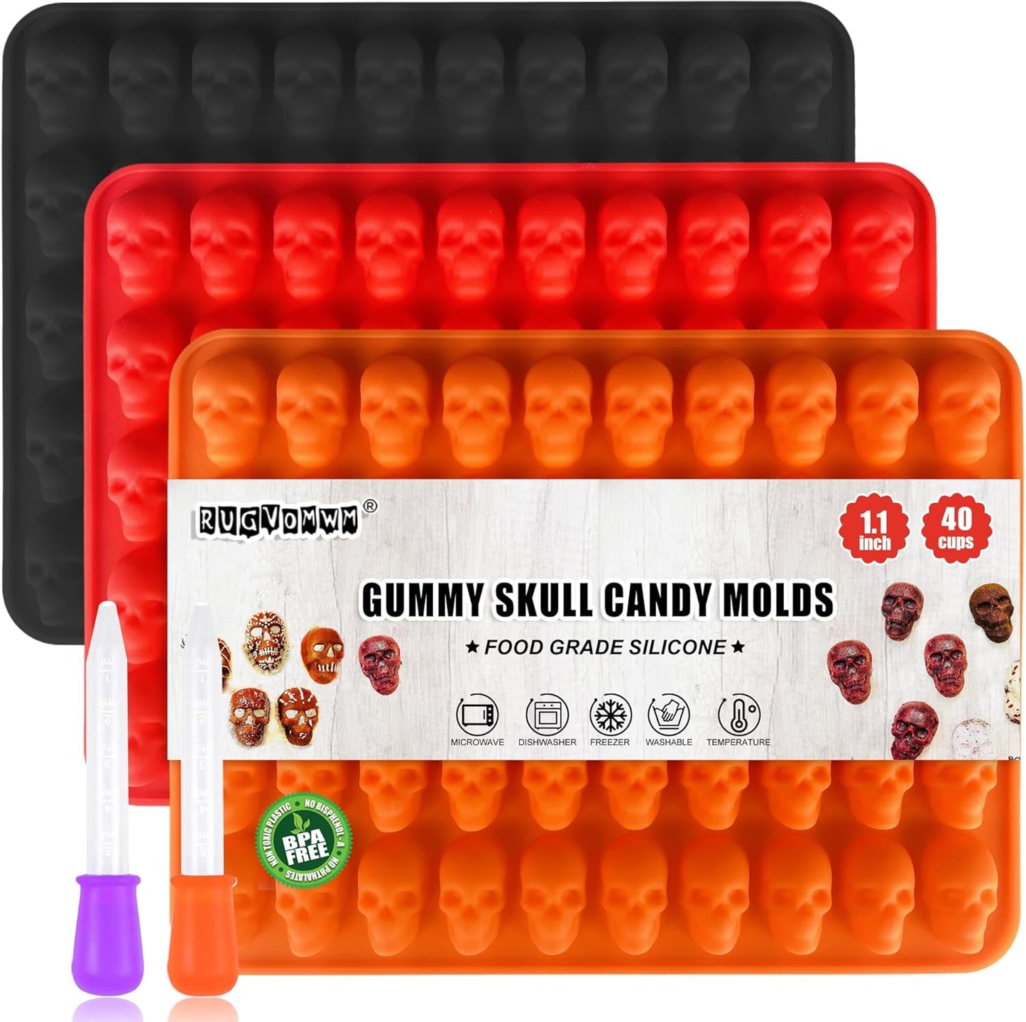 3 Pack Halloween Gummy Skull Candy Molds Silicone,Halloween Mini Skull Mold with 2 Droppers for Chocolate, Candy,Ice Cube - Orange,Red,Black