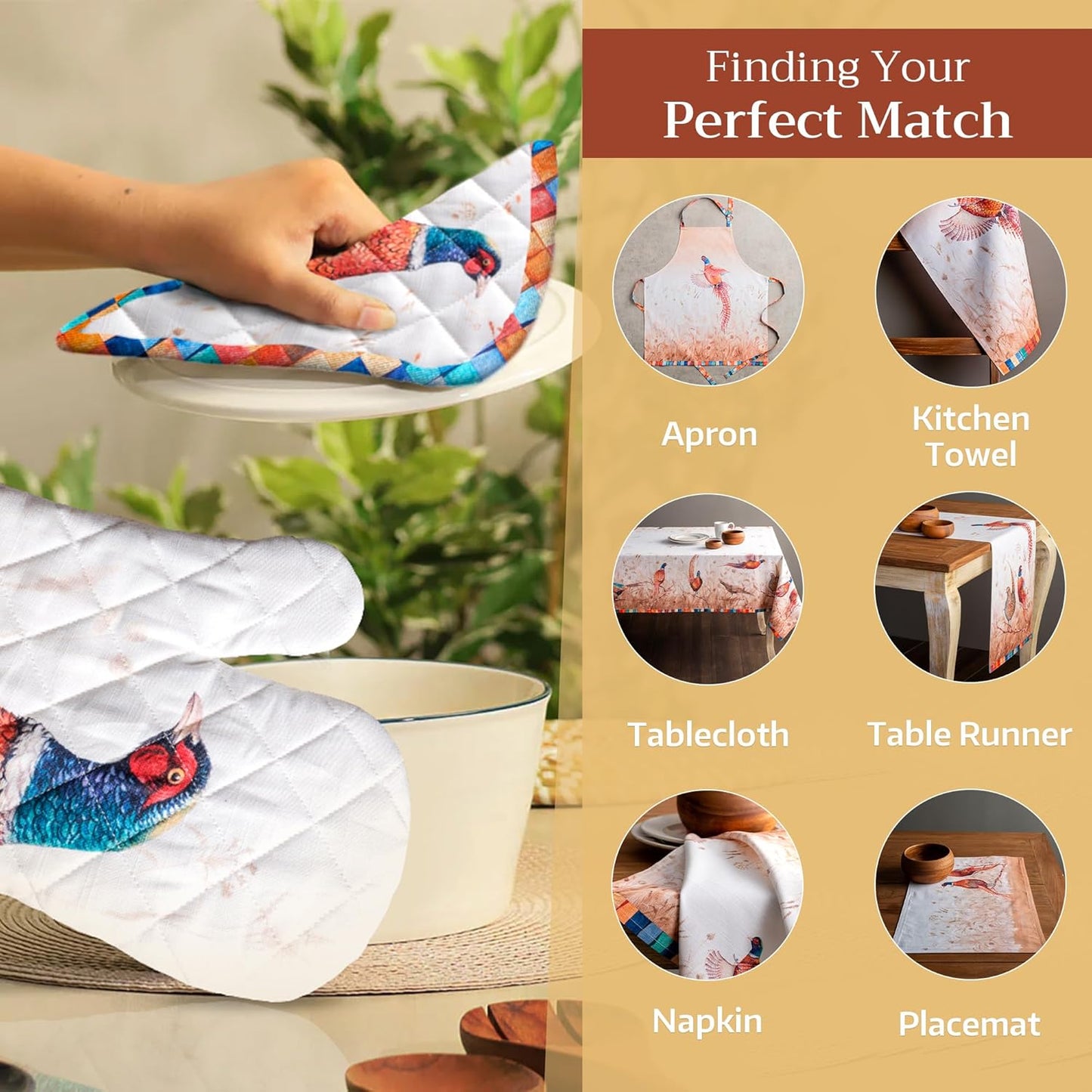 Maison d' Hermine Oven Gloves 100% Cotton Oven Mitt 7" x 13" with Loop Heat Resistant, BBQ, Cooking Gloves, Baking, Grilling, Kitchen, Handling Hot Pans (Pack of 1, Faisan D'Automne)