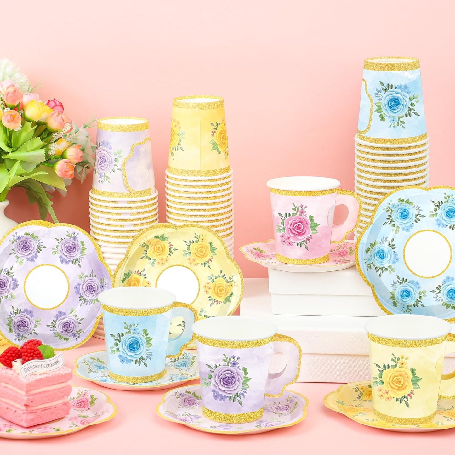 24 Sets Floral Paper Tea Cups and Saucers Disposable Tea Party Supplies Colorful Flower Teacups with Handle and Plates for Hot Cold Drink Wedding Birthday Party Baby Shower