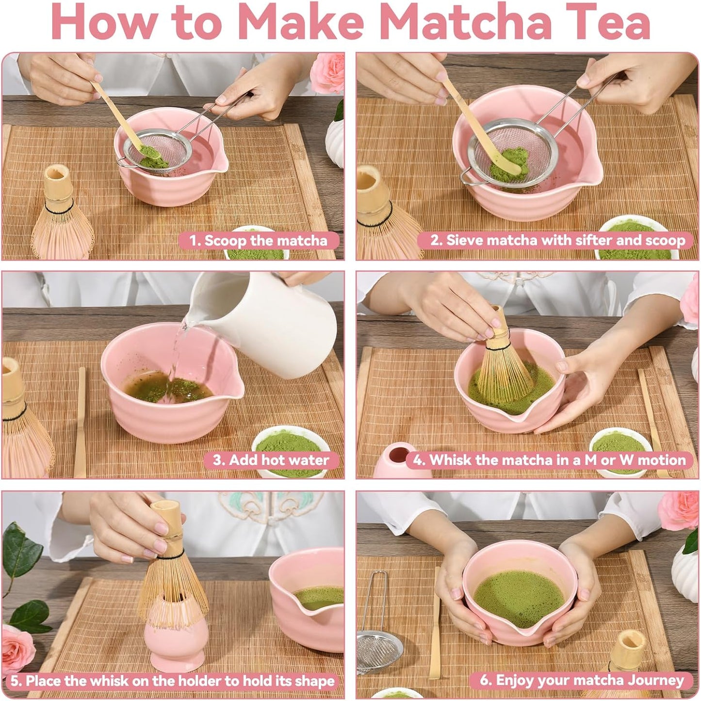Pink Matcha Whisk Set - Ceramic Matcha Making Kit with Bamboo Whisk, Scoop, Bowl, Ceramic Holder & Sifter –5 PCS Handcrafted Elegant Japanese Tea Ceremony Tools Gift for Matcha Lovers
