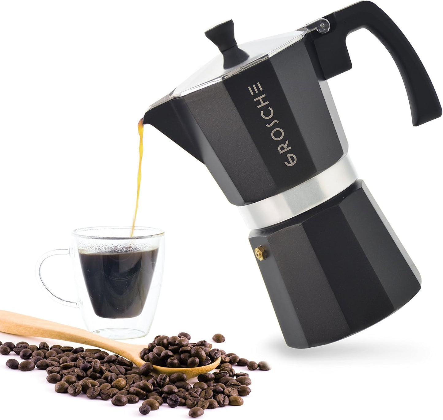 GROSCHE Milano Stovetop Espresso Maker Moka Pot Cuban Coffee Maker Stovetop Coffee Maker Moka Italian Greca Brewer Percolator | 6 Espresso Cup, Black
