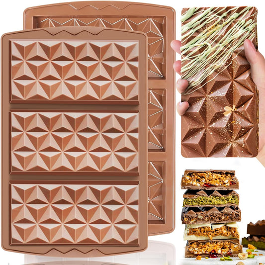 HKNMTT Chocolate Bar Mold Silicone, Large Stuffed Dubai Pistachio Deep Bar Moulds Kit 0.85 Inch Thick Big, Ideal for Homemade Making Candy Bar Bpa Free DIY Diamond Grid 2PCS