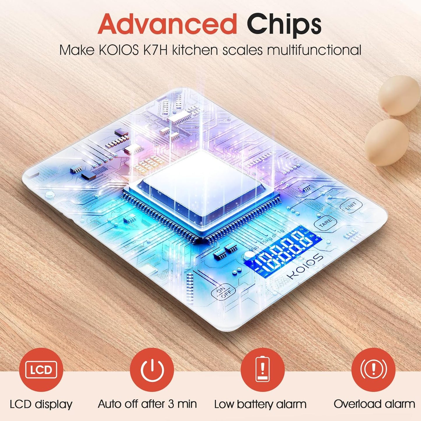 KOIOS Kitchen Scale, 33lb/15kg Digital Food Scales Weight in Grams and Ounces for Cooking Baking, 1g/0.1oz Precise Graduation, Batteries and Type-C Charging, Tare Function, LCD Display, White