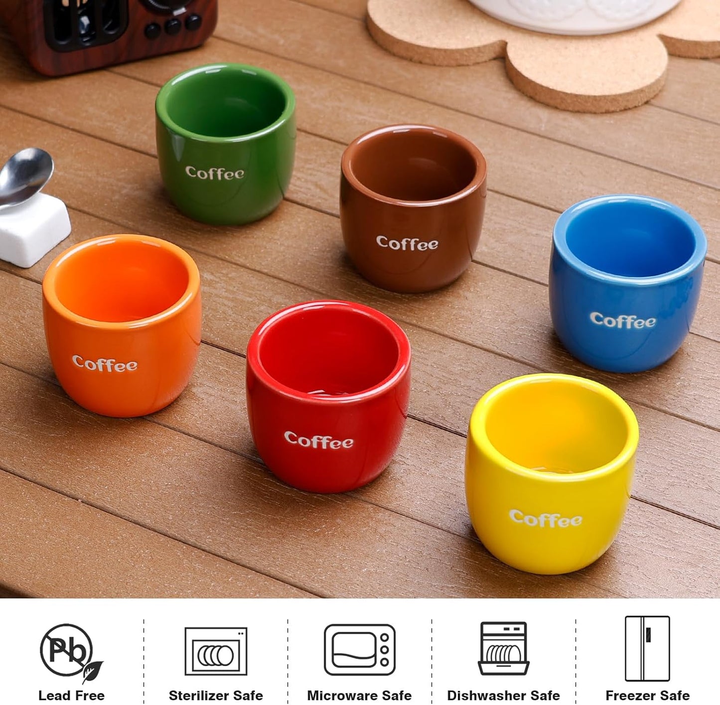 Ceramic Espresso Cup set of 6, One Shot Coffee Cups, Double Walled 3 oz/90 ml Tiny Cofffee Mugs Demitasse for Espresso, Porcelain Coffee Mugs Set of 6 colors