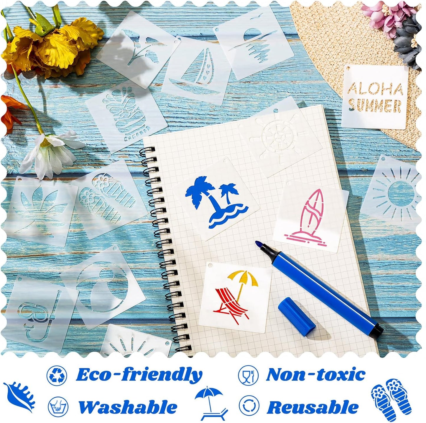 100 Pcs Stencils for Painting on Wood Reusable Stencil Crafts Drawing Templates Holiday Wall Paper for DIY Scrapbook Home 2 x 2 Inch(Hawaiian Style)