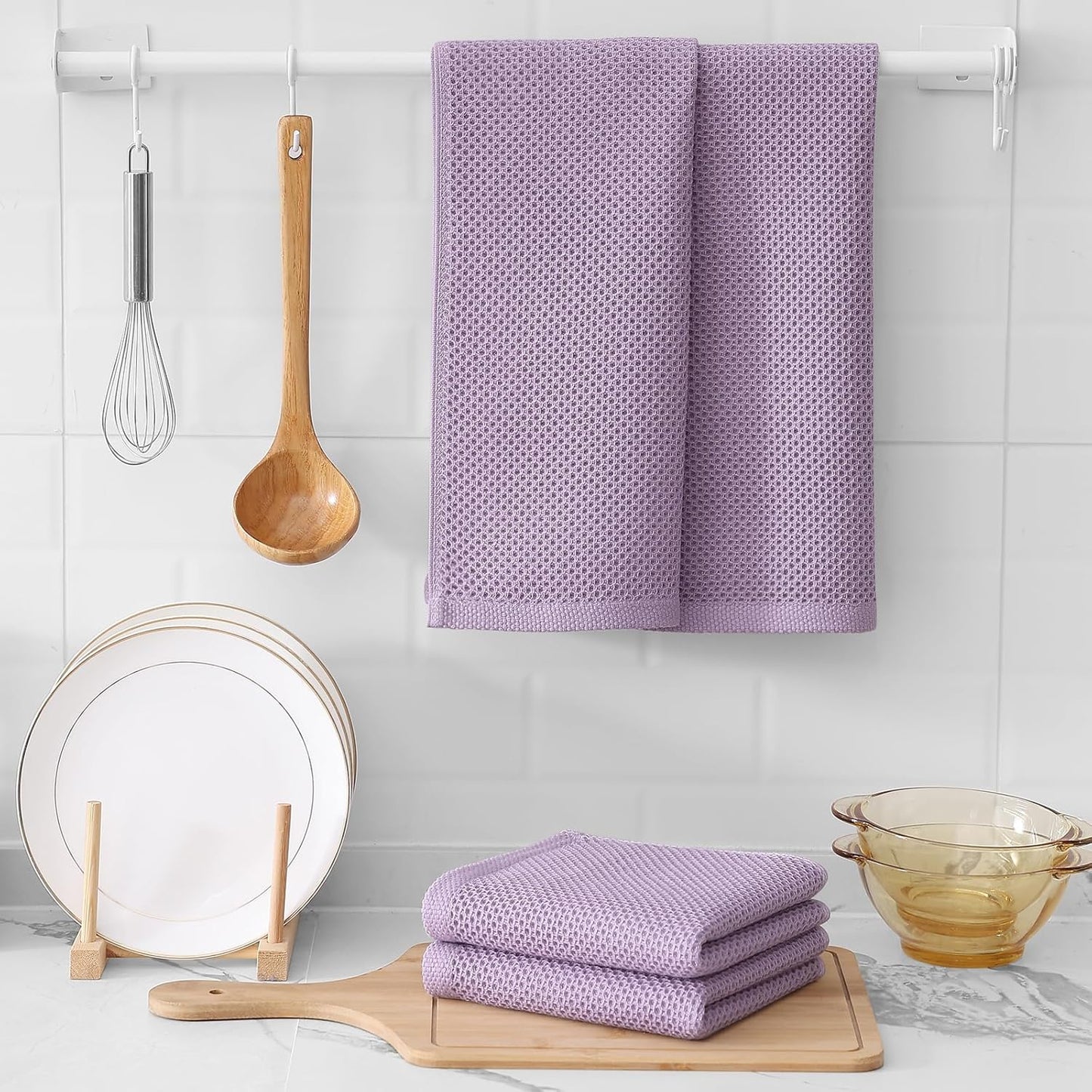 Kitinjoy 100% Cotton Waffle Weave Kitchen Towels, 4-Pack Super Soft and Absorbent Dish Towels for Drying Dishes, Kitchen Hand Towels, 13 in x 28 in, Lavender