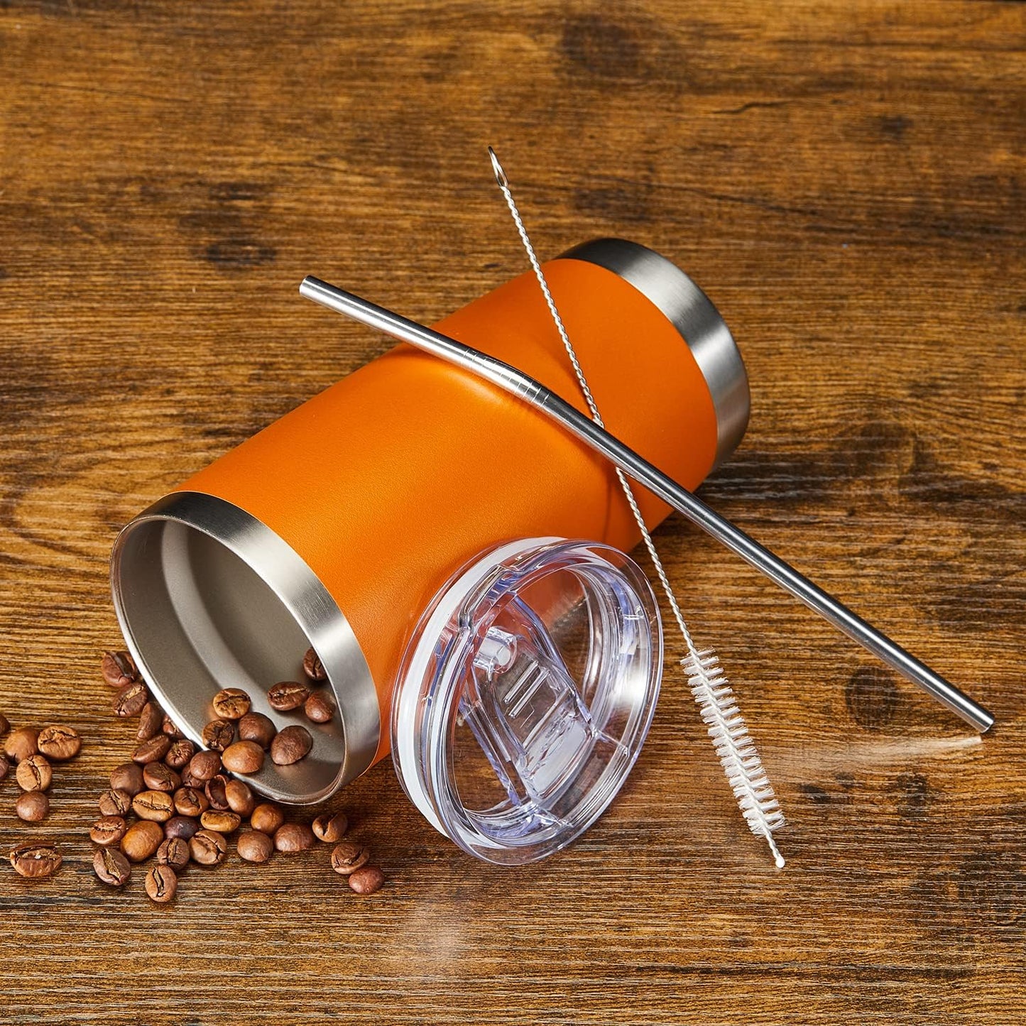 COMOOO 20oz Double Wall Vacuum Insulated Travel Mug, Stainless Steel Tumbler with Lid and Straw Durable Powder Coated Insulated Coffee Cup for Cold & Hot Drinks(Orange, 1 Pack)