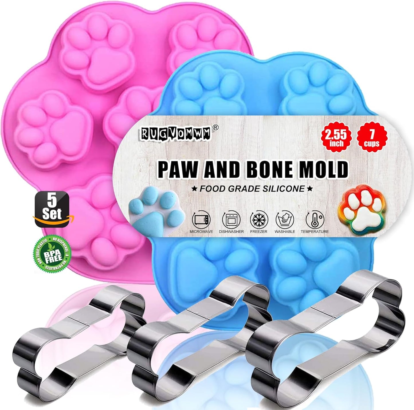 Puppy Dog Paw Bone Silicone Chocolate Moulds,Silicone Dog Treat Mold - 5 Pack