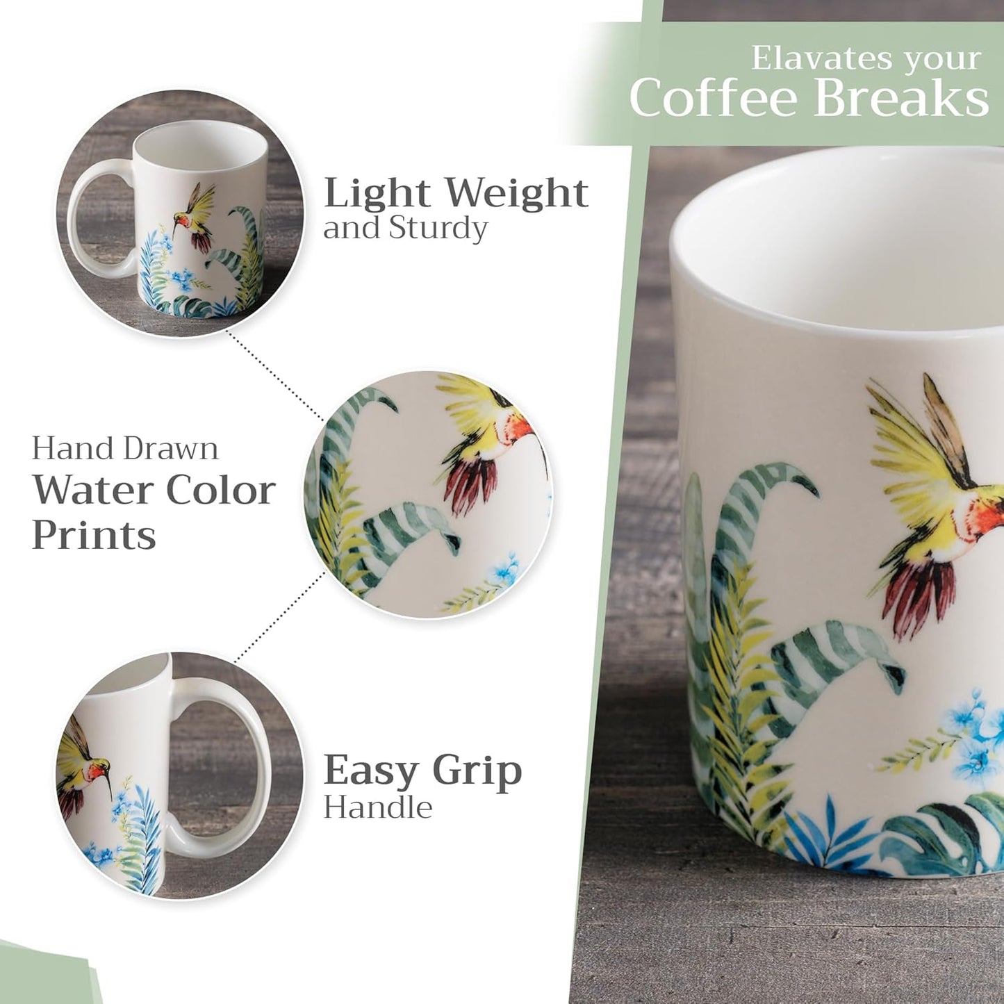 Maison d' Hermine Coffee Mug with Handles Fine Bone China Mugs Pack of One Tea Cups for Hot Beverages Cappuccino Latte Home Restaurant Office Perfect for Gift (Tropiques - Hummingbird, 12 Ounce)