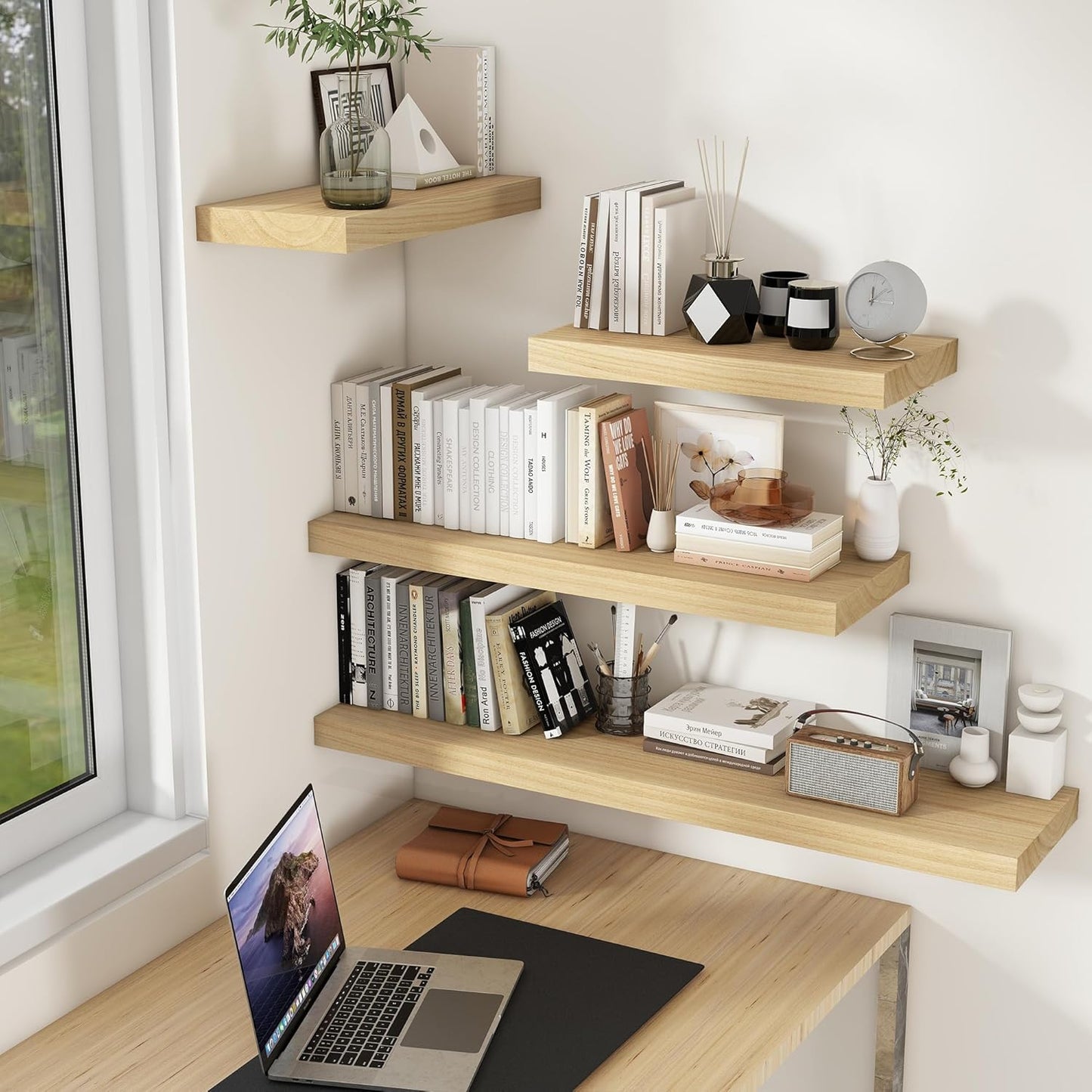 Floating Shelves24 Inch Long , 9 Inch Deep Floating Shelves for Wall, Solid Wood Floating Shelf, Deep Wall Shelves for Living Room, Bathroom, Kitchen, 24"W x 9.3"D x 1.6"H, Burlywood, Set of 2