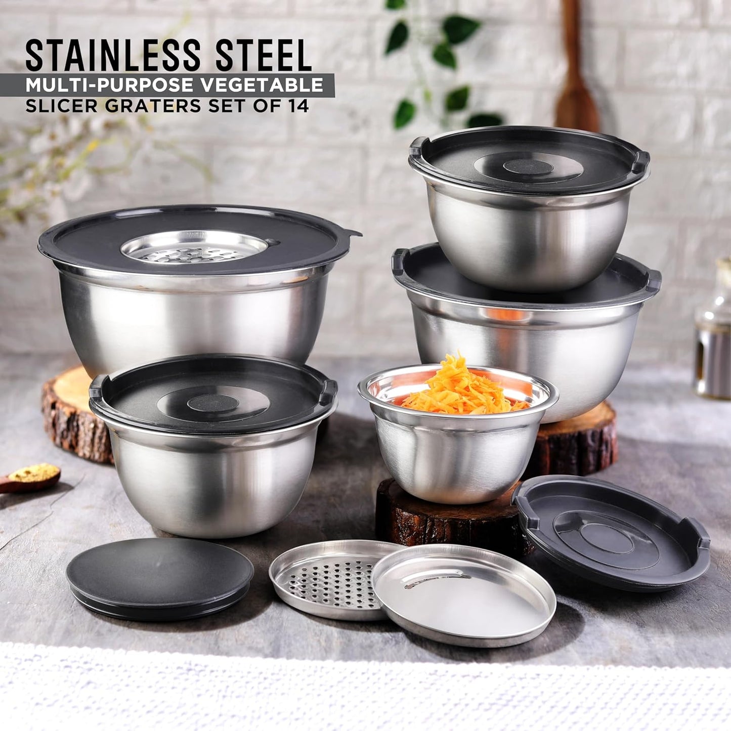 AVADOR Premium Stainless Steel Mixing Bowls Sets Brushed Stainless Steel Mixing Bowl Set, Easy To Clean, Space Saving, Great for Cooking, Baking, Prepping Needs (8 pc with Lid and Grater)