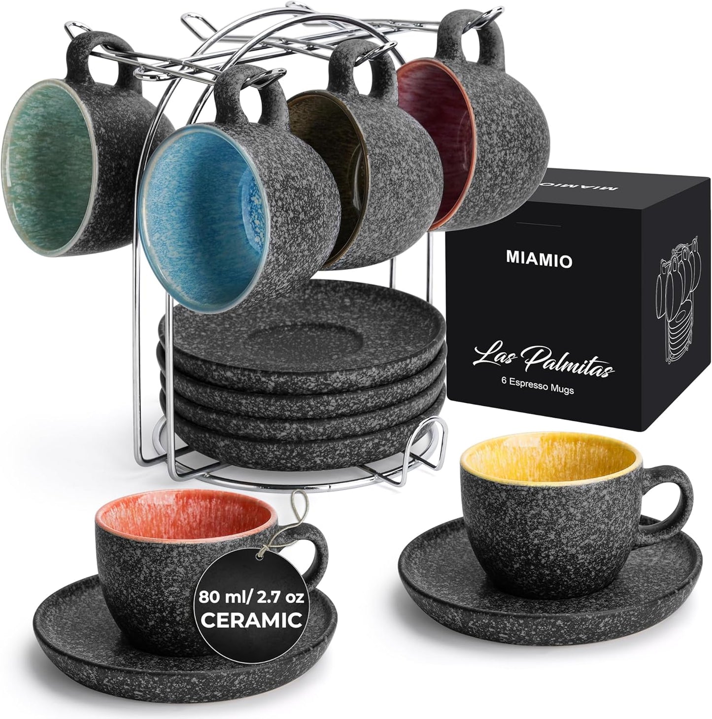 MIAMIO β 2.7 Oz Ceramic Stackable Espresso Cups with Saucers and Metal Stand, Set of 6 Espresso Cup, Demitasse Cups, Coffee Mugs for Espresso, Latte, CafΓ© Mocha & Tea β Las Palmitas Collection
