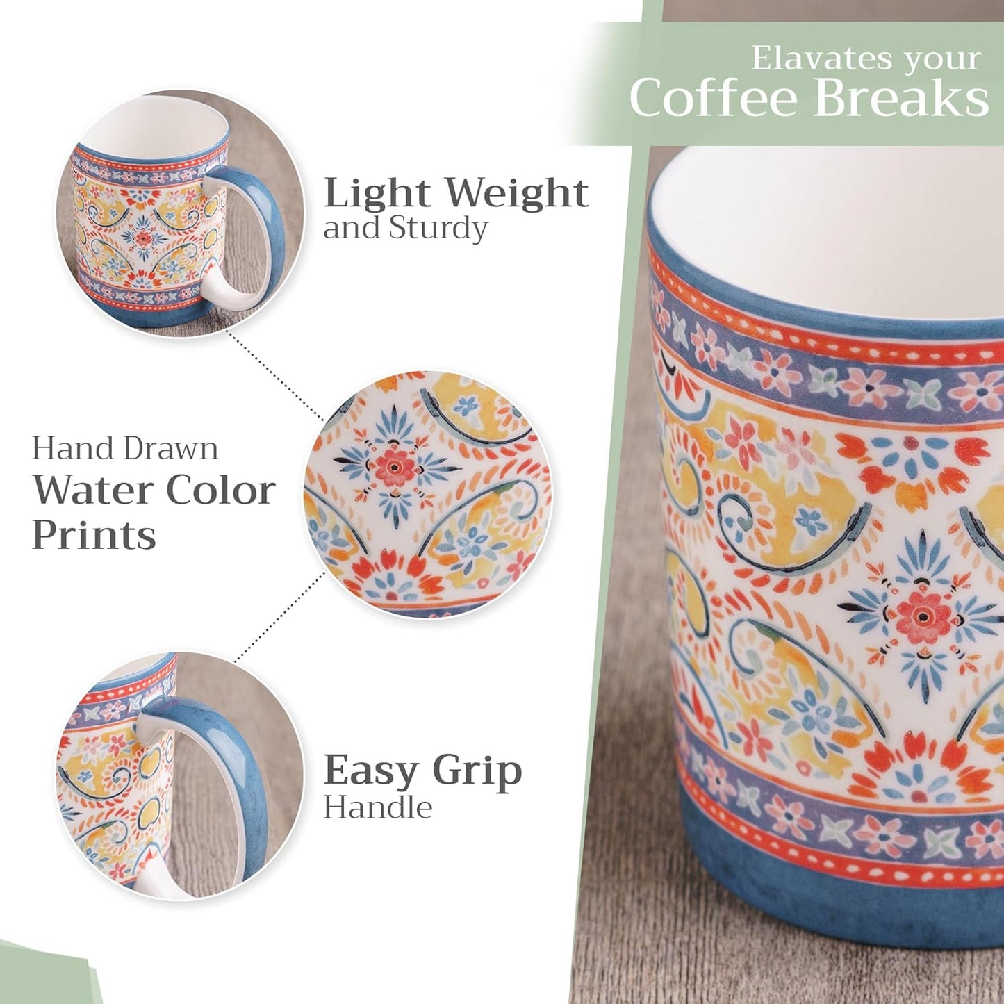 Maison d' Hermine Coffee Mug with Handles Fine Bone China Mugs Pack of One Tea Cups for Hot Beverages Cappuccino Latte Home Restaurant Office Perfect for Gift (Indian Floral - Butta, 15 Ounce)