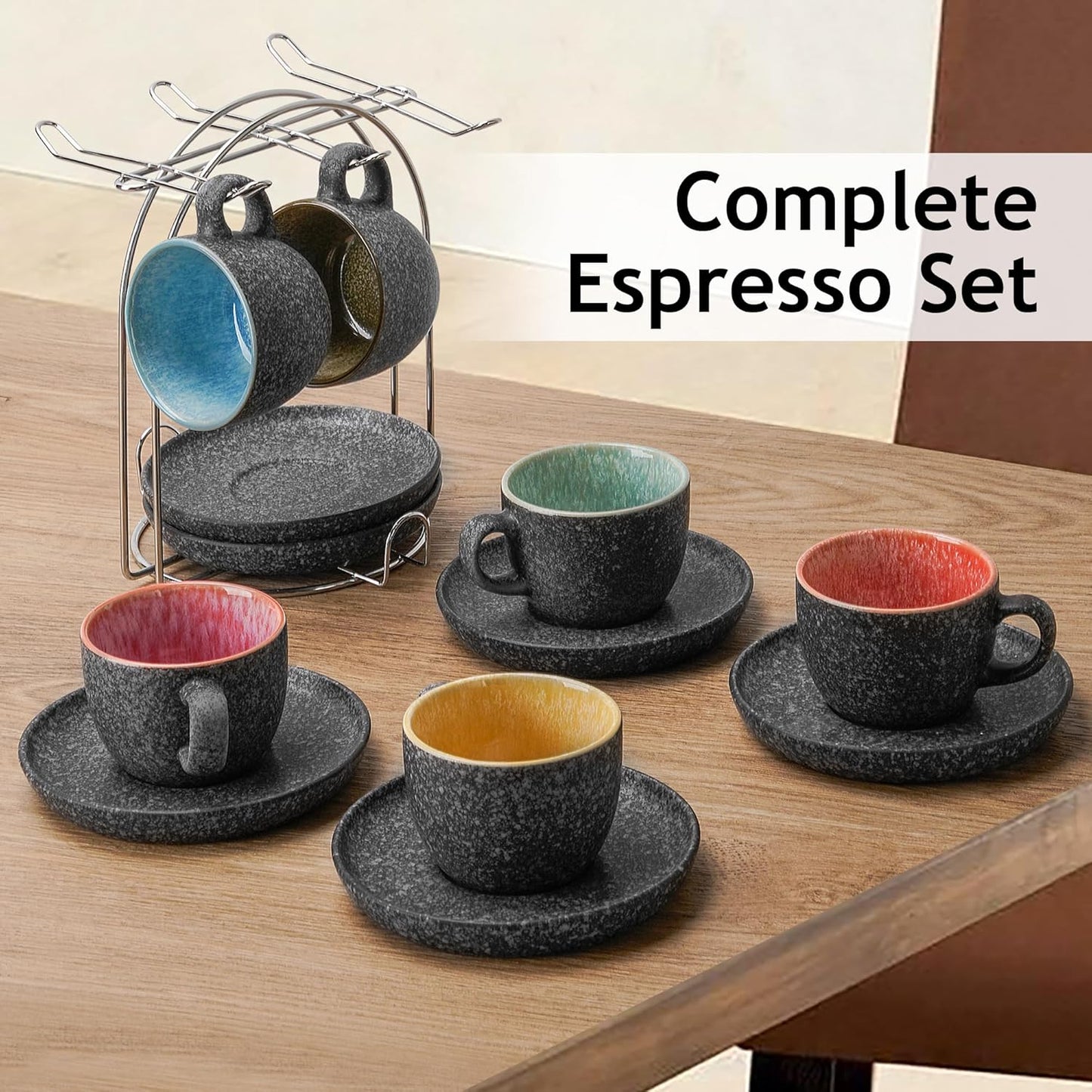 MIAMIO β 2.7 Oz Ceramic Stackable Espresso Cups with Saucers and Metal Stand, Set of 6 Espresso Cup, Demitasse Cups, Coffee Mugs for Espresso, Latte, CafΓ© Mocha & Tea β Las Palmitas Collection