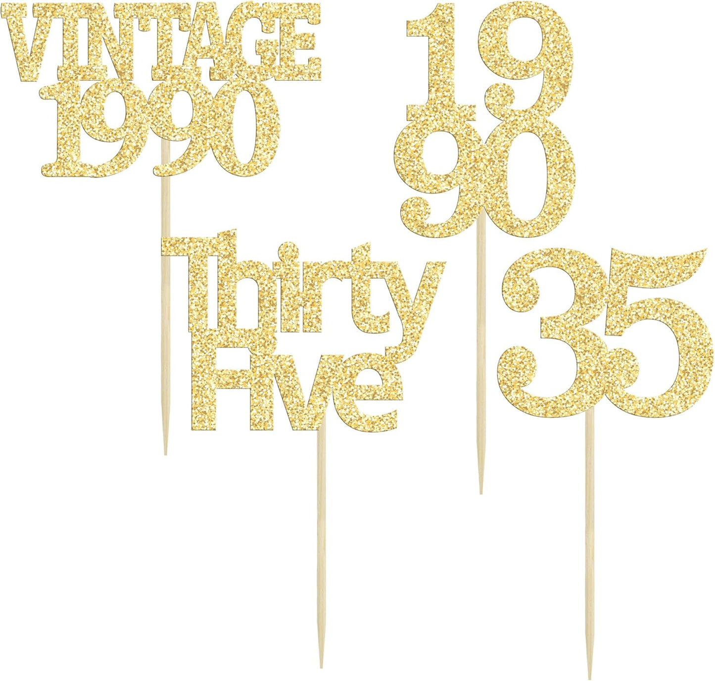 Gyufise 24Pcs Happy 35th Birthday Cupcake Toppers Glitter Thirty Five 35 Fabulous Vintage 1990 Cupcake Picks for 30th Birthday Wedding Anniversary Party Cake Decorations Supplies Gold