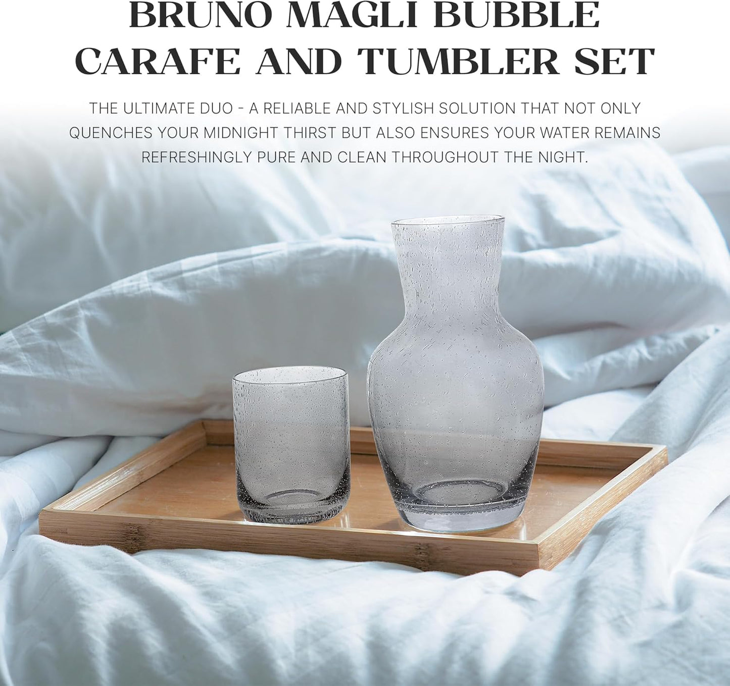 Bruno Magli Bubble Carafe | 2-Pc Set | Drinking Glass Tumbler Doubles as a Lid | Water Pitcher with Matching Cup for Office, Nightstand, Home, & Guest Room Décor | Gift Boxed | 28-Oz (Gray)