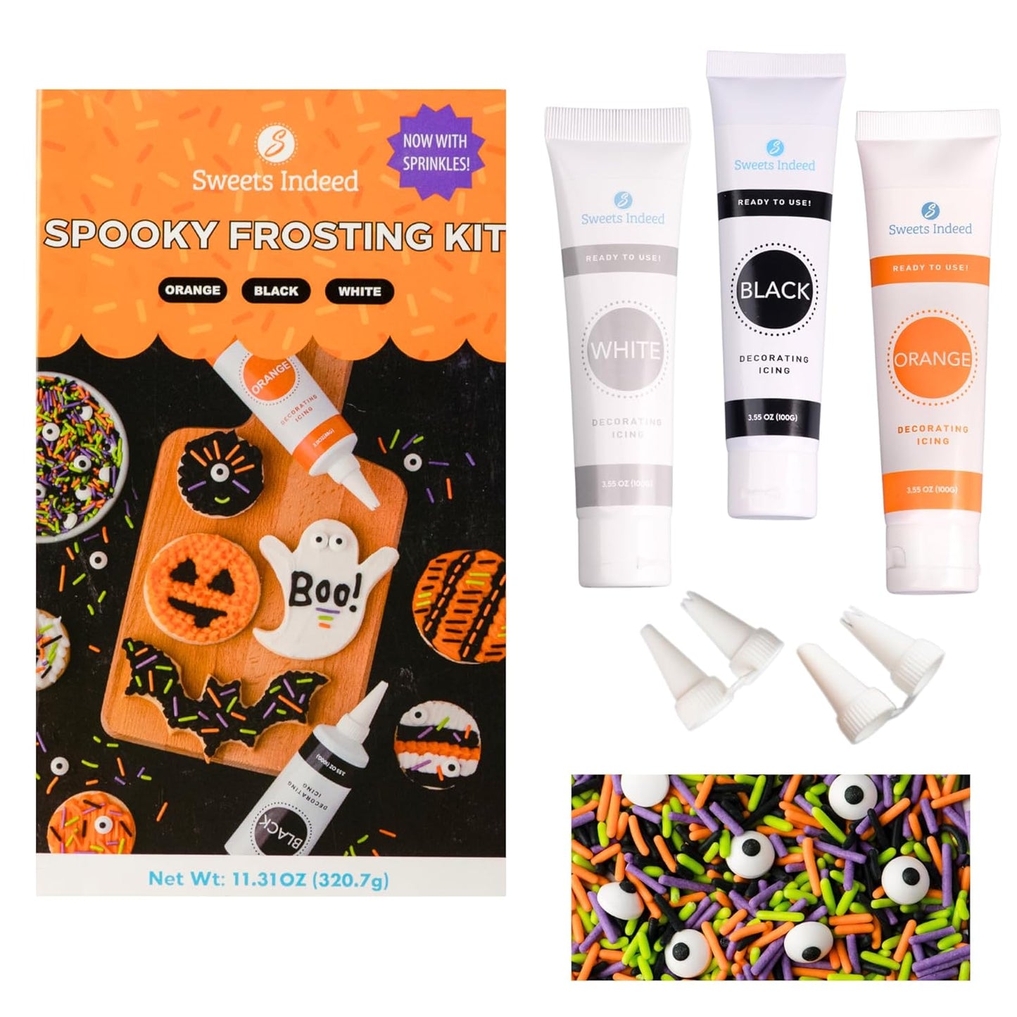 Halloween Frosting Kit with Sprinkles & Eyeballs – 11.31 oz Decorating Set with 3 Frosting Tubes (Orange, Black, White), 4 Nozzles & 2 oz Sprinkle Mix – Cookie & Cupcake Kit for Kids & Families