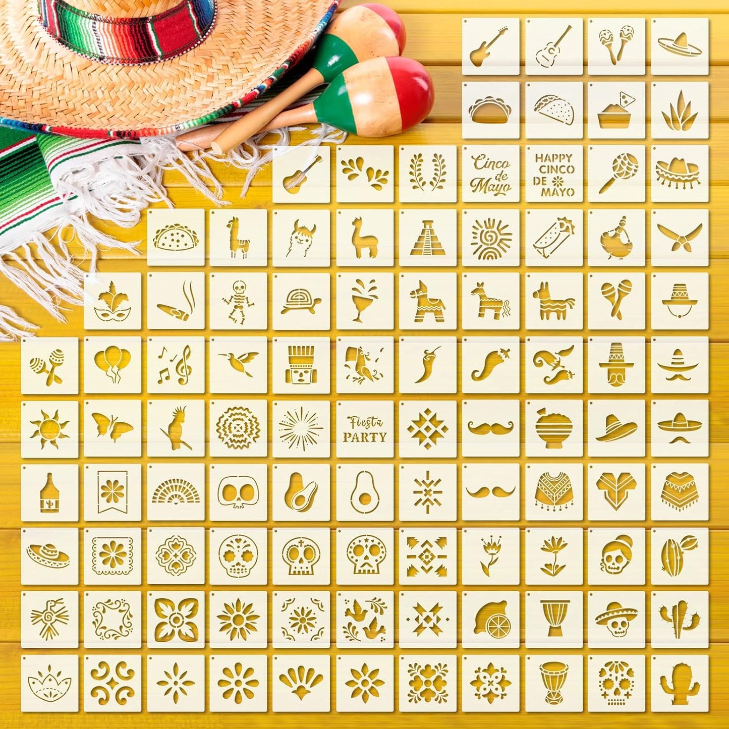 100 Pcs Stencils for Painting on Wood Reusable Stencil Crafts Drawing Templates Holiday Wall Paper for DIY Scrapbook Home 2 x 2 Inch(Mexican Festival)