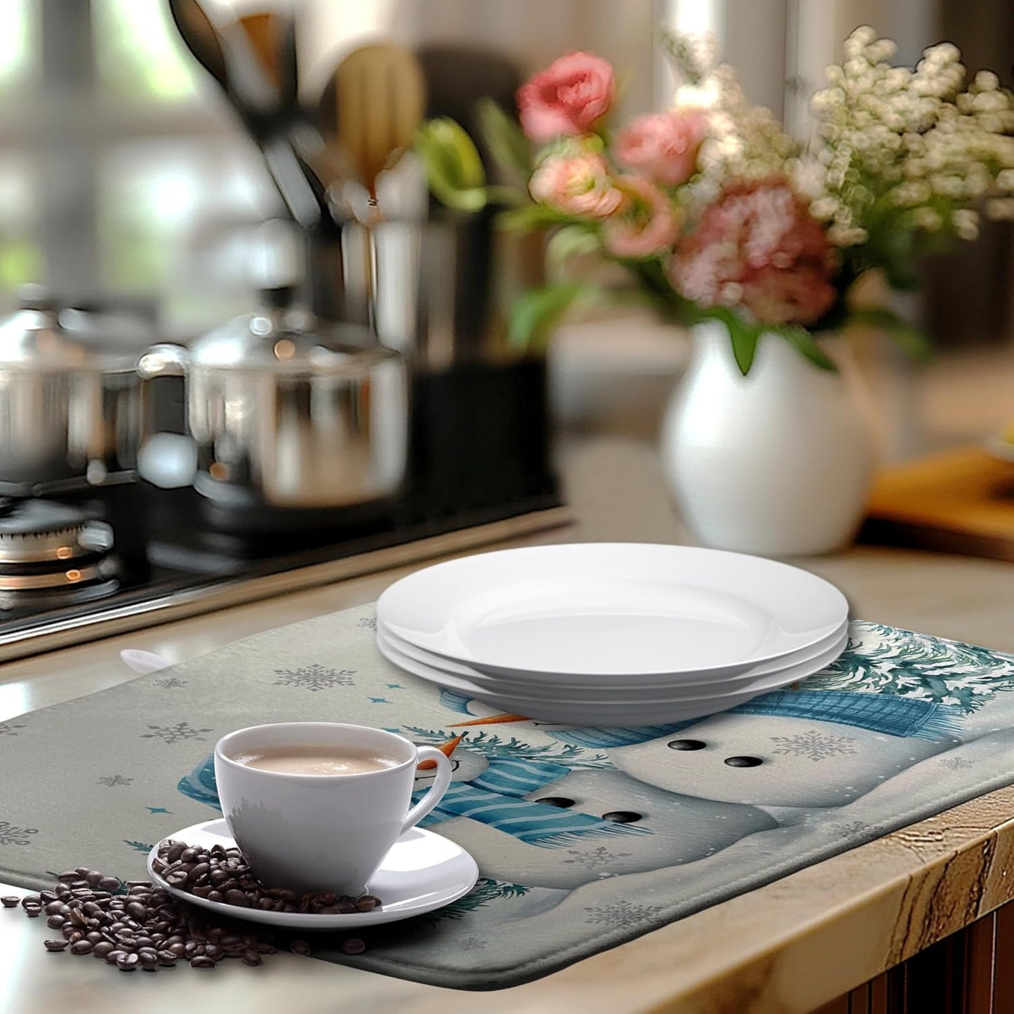 Winter Dish Drying Mat Winter Snowman Large Kitchen Mats Dish Drying Pad Blue Snowman Pine Tree Absorbent Dish Dryer Mat for Kitchen Countertops Microfiber Drainer Pad Dish Drying Mats (18x24 in)