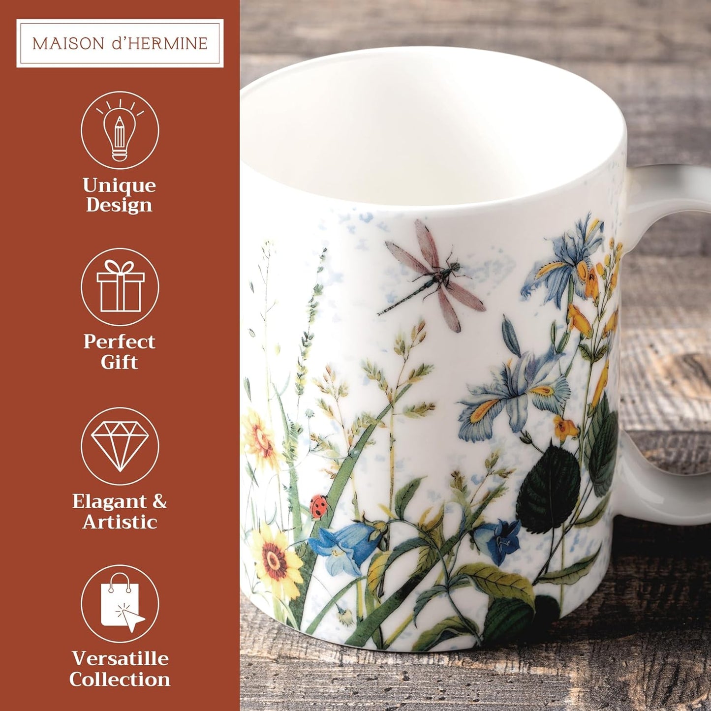 Maison d' Hermine Coffee Mug with Handles Fine Bone China Mugs Pack of One Tea Cups for Hot Beverages Cappuccino Latte Home Restaurant Office Perfect for Gift (Fleurs De Mai - Prairie, 12 Ounce)