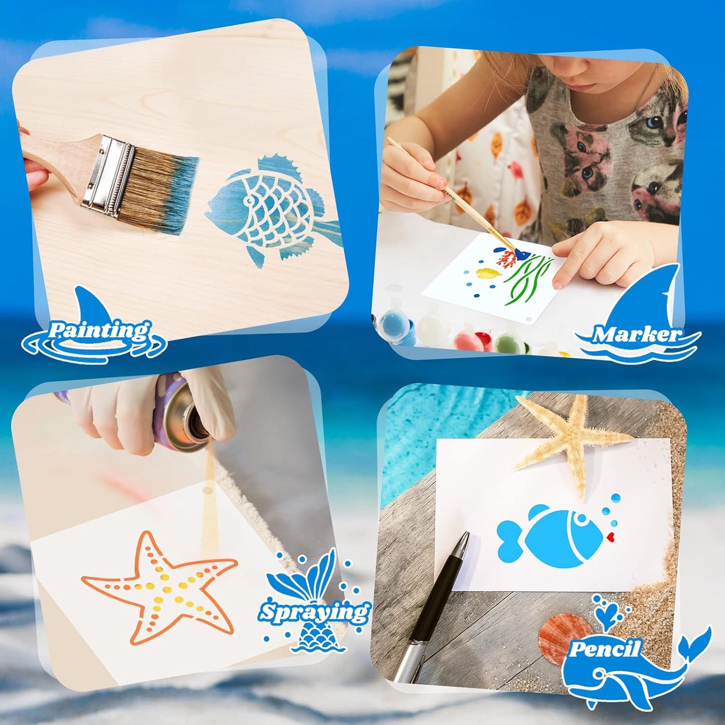 100 Pcs Stencils for Painting on Wood Reusable Stencil Crafts Drawing Templates Holiday Wall Paper for DIY Scrapbook Home 2 x 2 Inch(Marine Life)