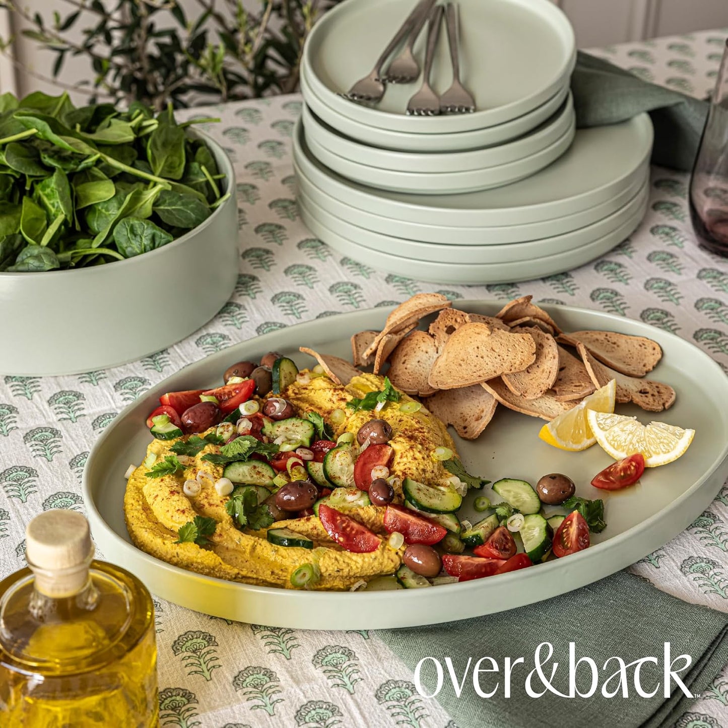 over&back Stackable Stoneware Serving Platter - Elegant 1-Piece Oval Serving Platter to Complete Your Kitchen Set - Perfect for Appetizers, Desserts, and More - 16" L x 11" W - Semi-Matte Sage