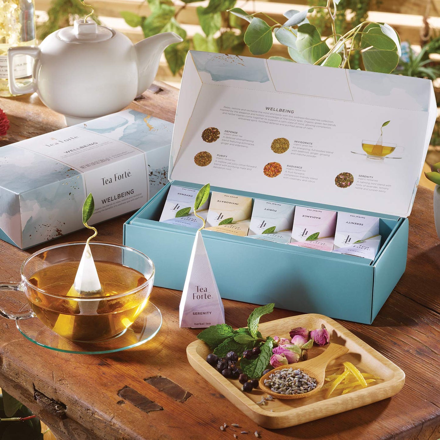 Tea Forte Wellbeing Organic Wellness Tea, Petite Presentation Box Tea Gift Set Sampler, 10 Count, 2 of Each Variety Individually Wrapped Handcrafted Pyramid Infuser Bags