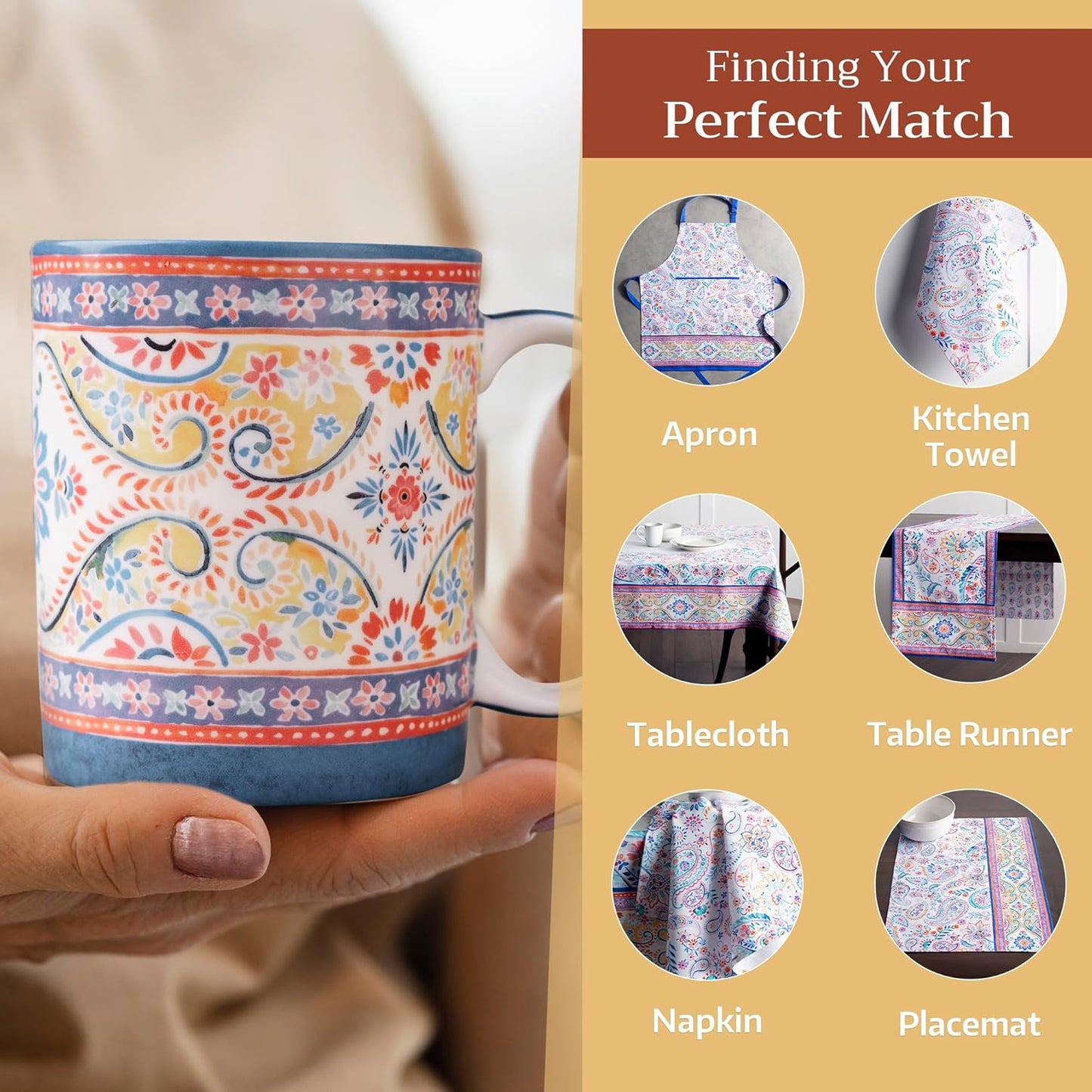 Maison d' Hermine Coffee Mug with Handles Fine Bone China Mugs Pack of One Tea Cups for Hot Beverages Cappuccino Latte Home Restaurant Office Perfect for Gift (Indian Floral - Butta, 15 Ounce)