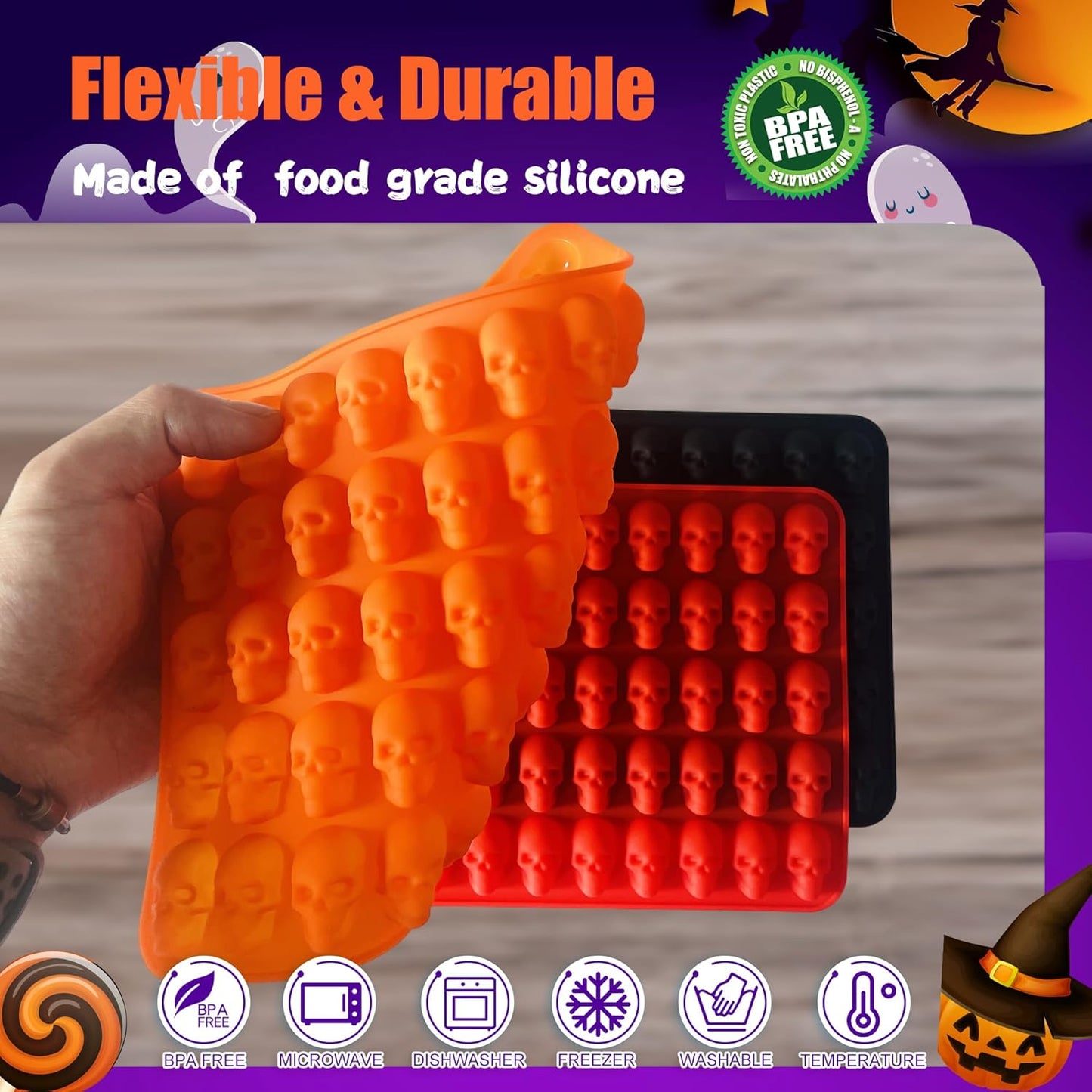 3 Pack Halloween Gummy Skull Candy Molds Silicone,Halloween Mini Skull Mold with 2 Droppers for Chocolate, Candy,Ice Cube - Orange,Red,Black