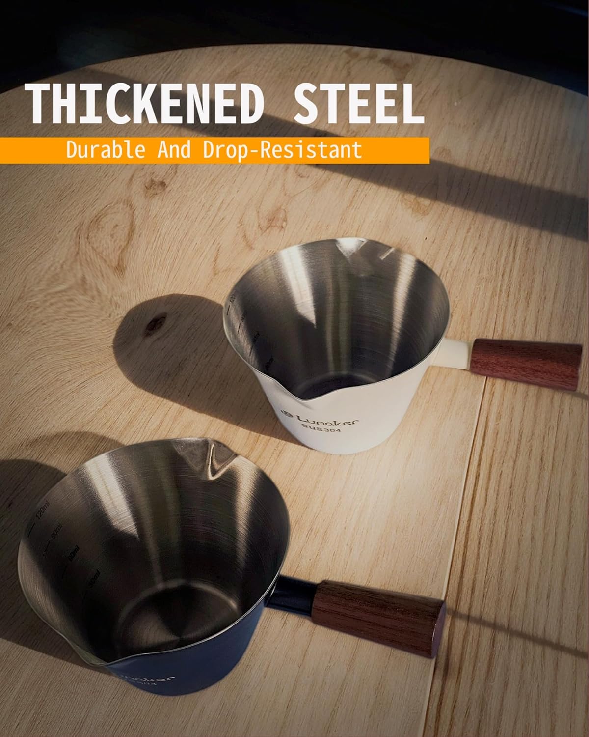 Stainless Steel Espresso Cup - Espresso Shot Cup with Wooden Handle -Measuring Cup with Double Spouts - 4.1OZ/120ML, Bright Silver