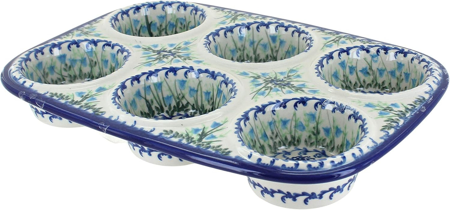 Blue Rose Polish Pottery - Blue Misty Muffin Pan - 12" x 8" - Ceramic Baking Dish, 6-Cup Muffin & Cupcake Pan
